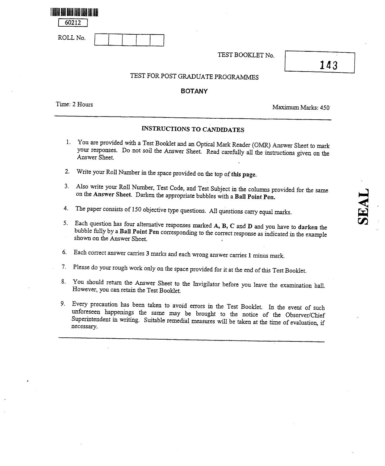 CUSAT CAT 2012 Botany Question Paper - Page 1