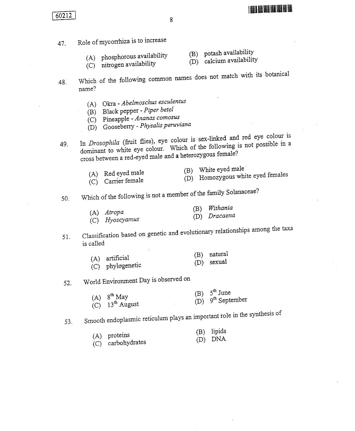CUSAT CAT 2012 Botany Question Paper - Page 9