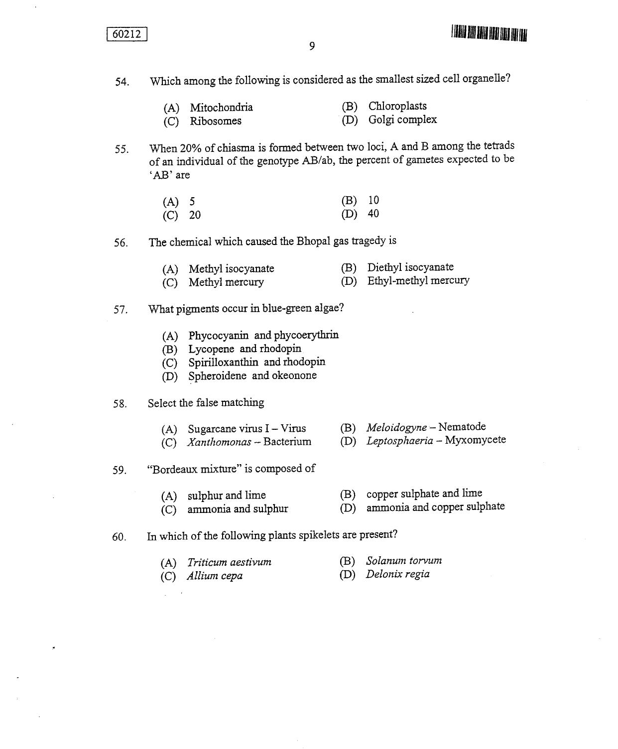 CUSAT CAT 2012 Botany Question Paper - Page 10