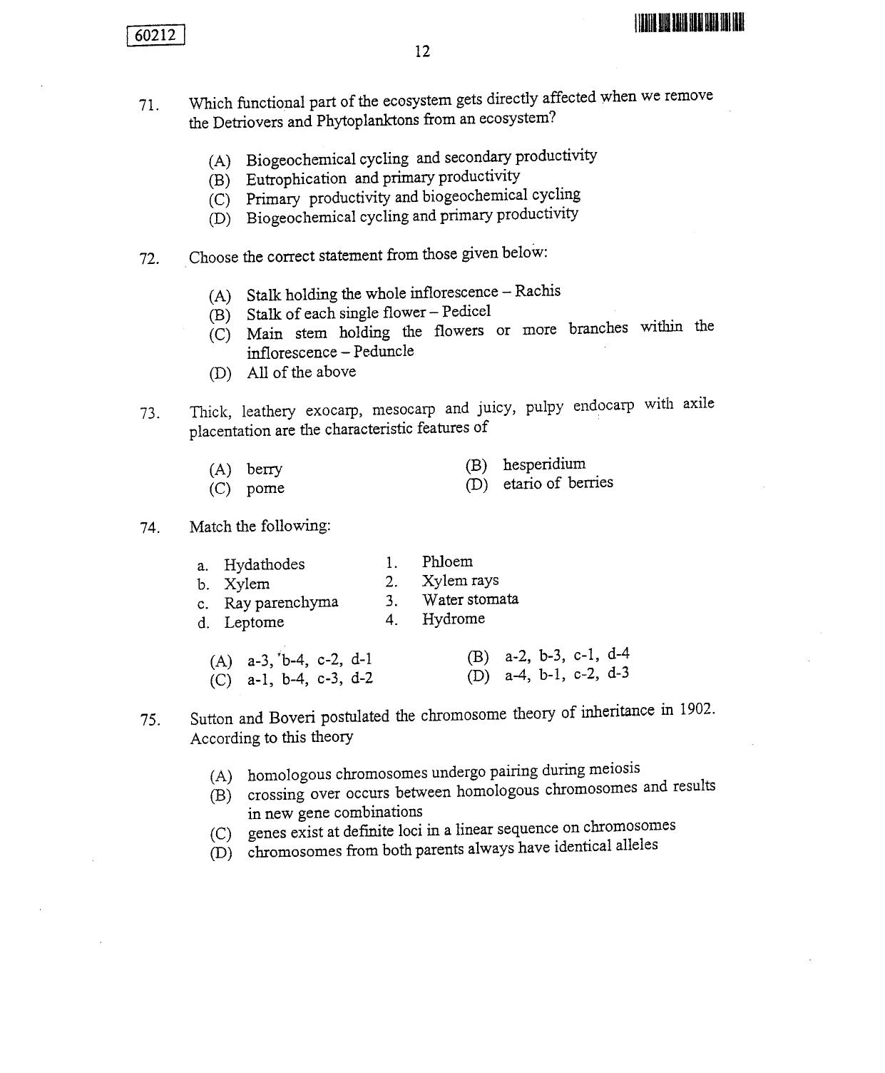 CUSAT CAT 2012 Botany Question Paper - Page 13