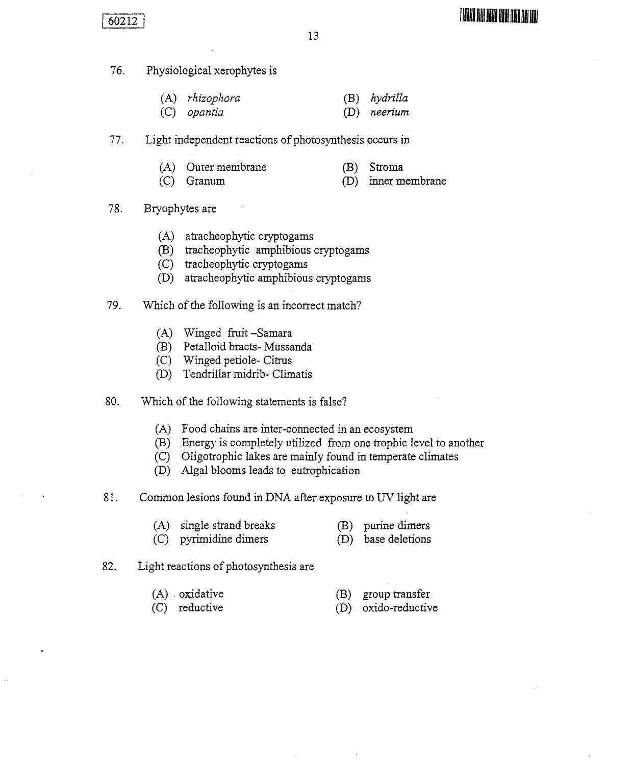 CUSAT CAT 2012 Botany Question Paper - Page 14