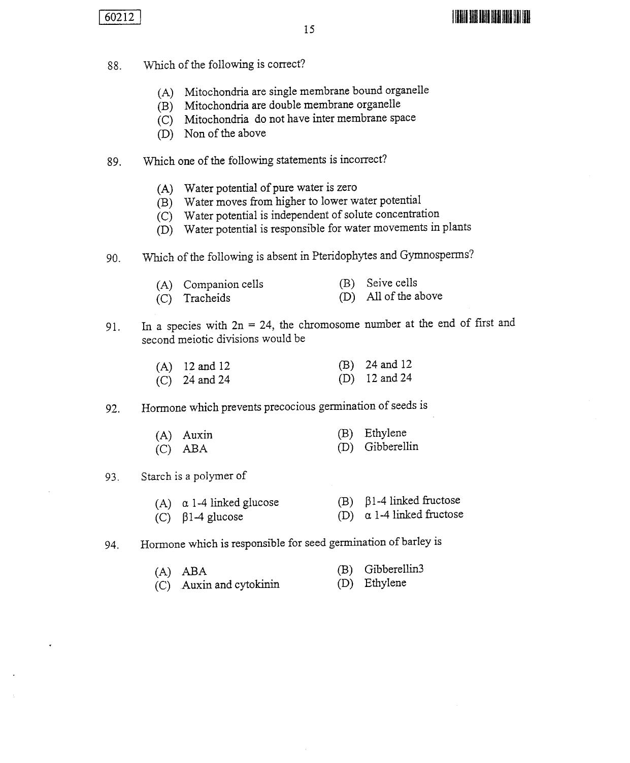 CUSAT CAT 2012 Botany Question Paper - Page 16