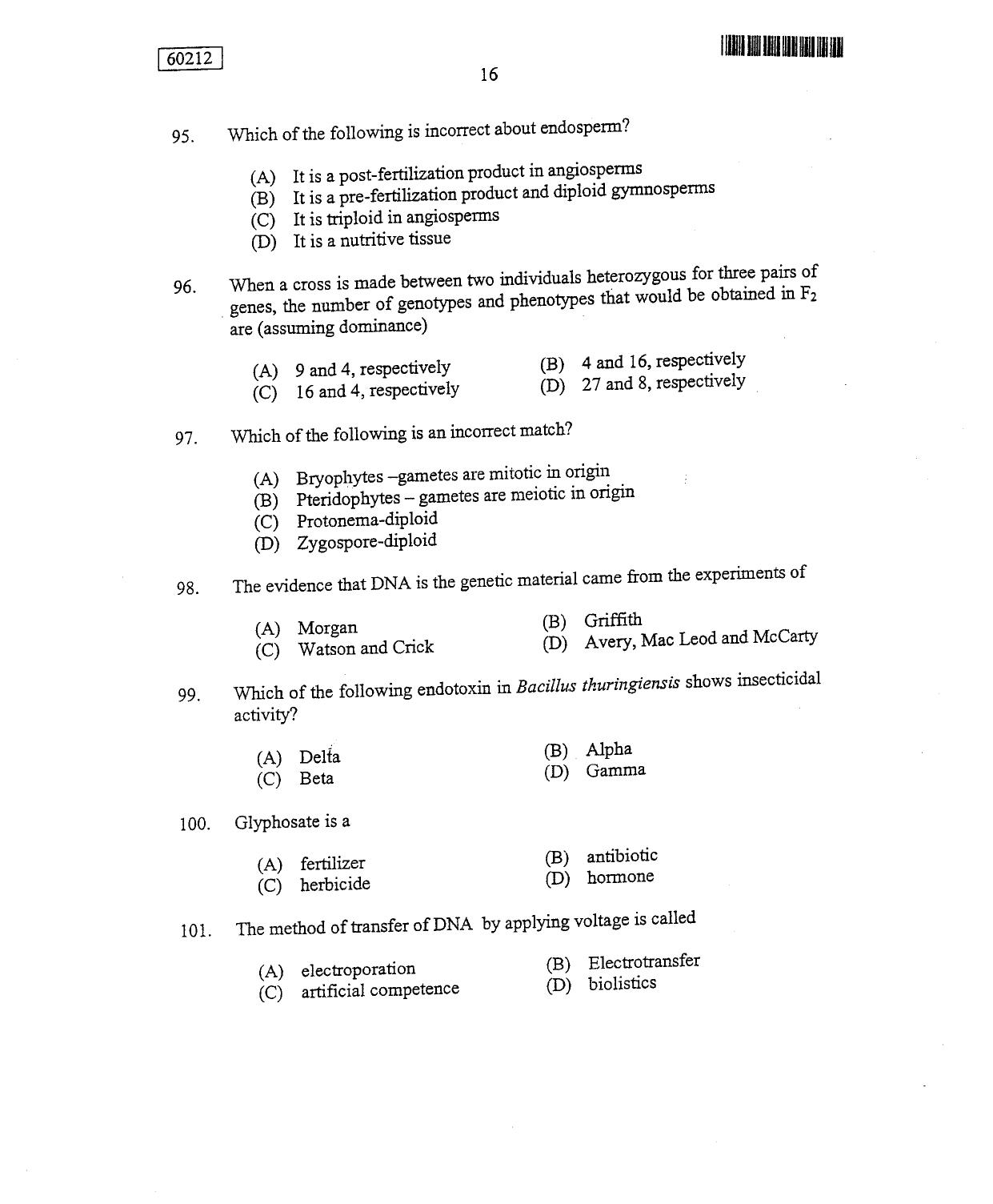 CUSAT CAT 2012 Botany Question Paper - Page 17