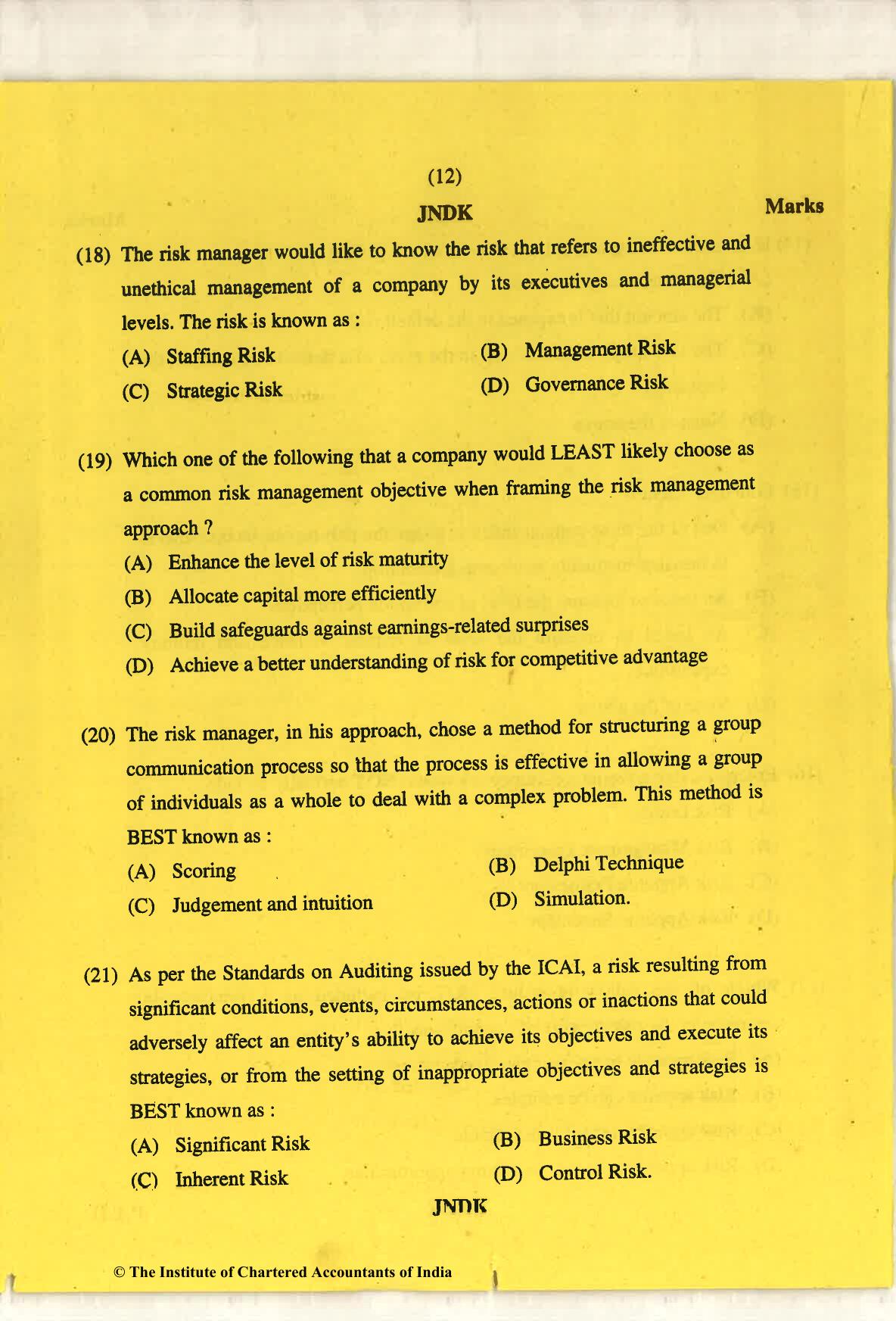 CA Final May 2018 Question Paper - Paper 6A – Risk Management - Page 12