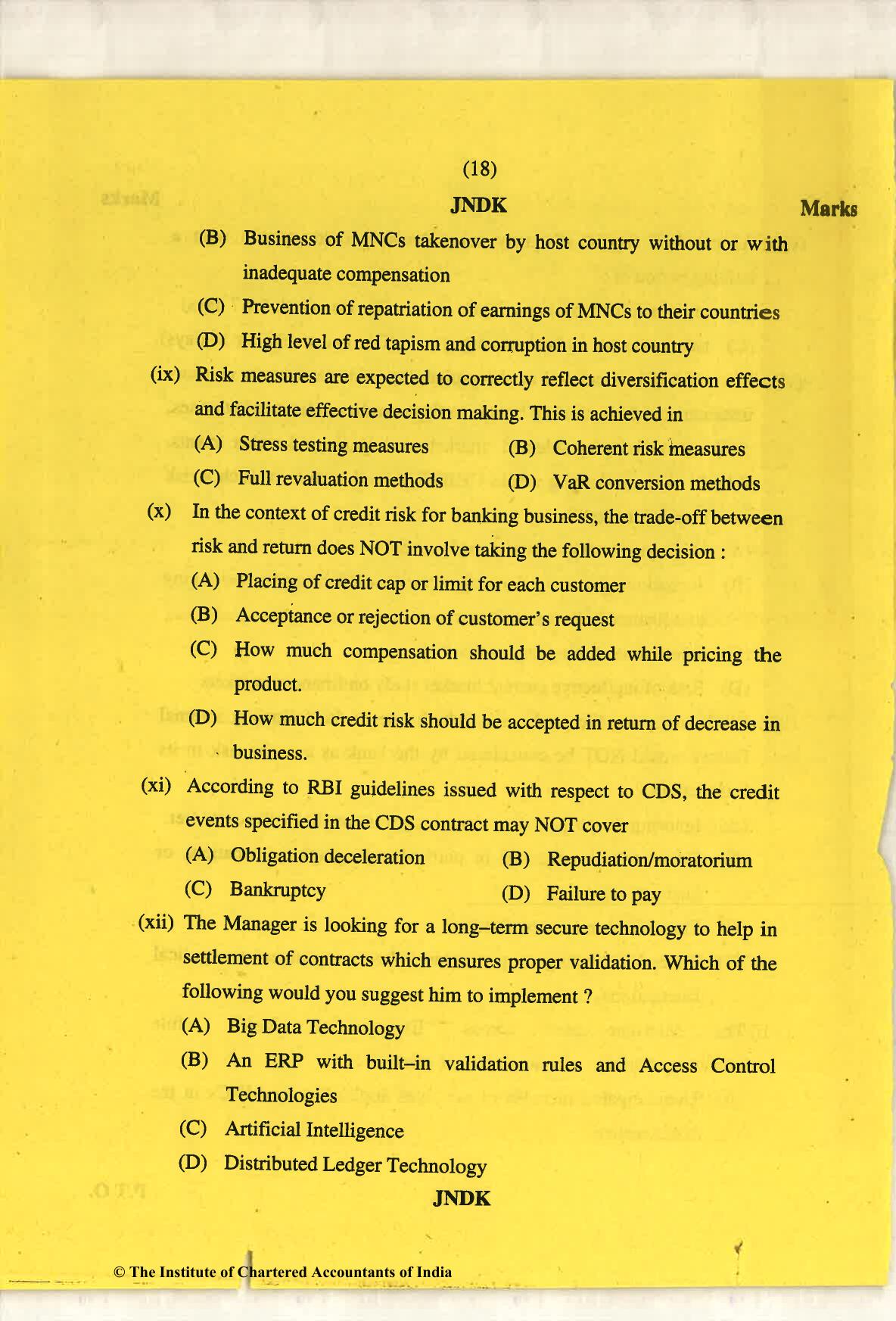 CA Final May 2018 Question Paper - Paper 6A – Risk Management - Page 18