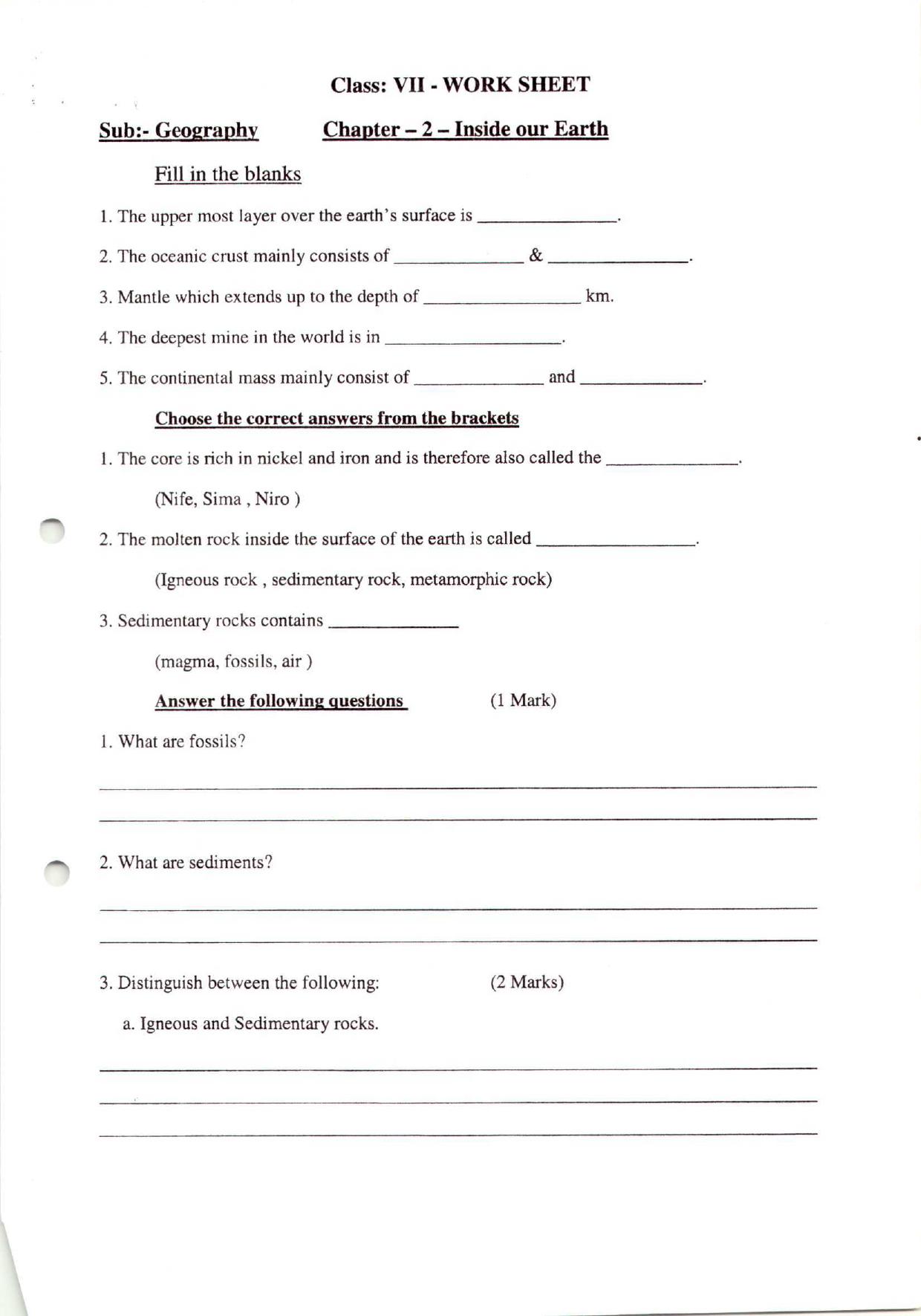CBSE Worksheets for Class 7 Geography Inside Our Earth Assignment 3 - Page 1