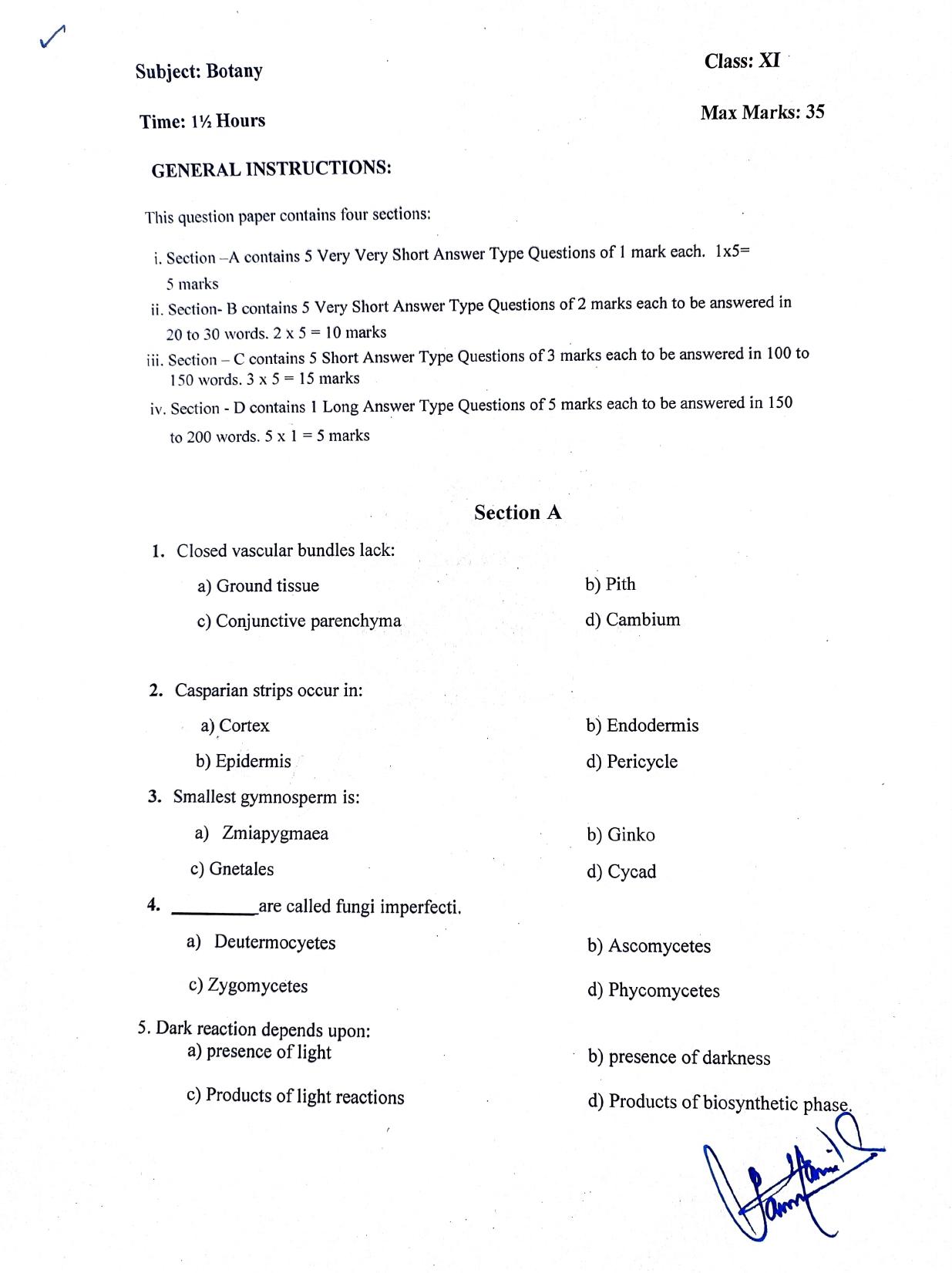 JKBOSE Class 11 Botany Model Question Paper - Page 1