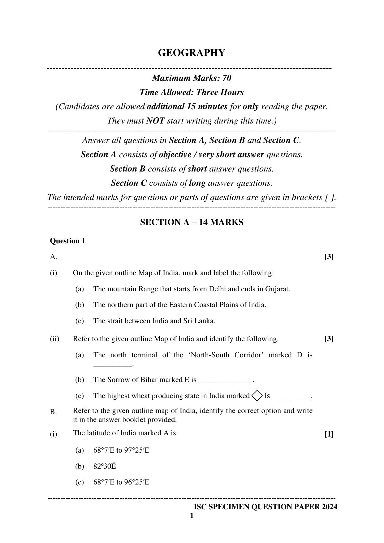 ISC Class 12 2024 Geography Sample Paper - Page 1