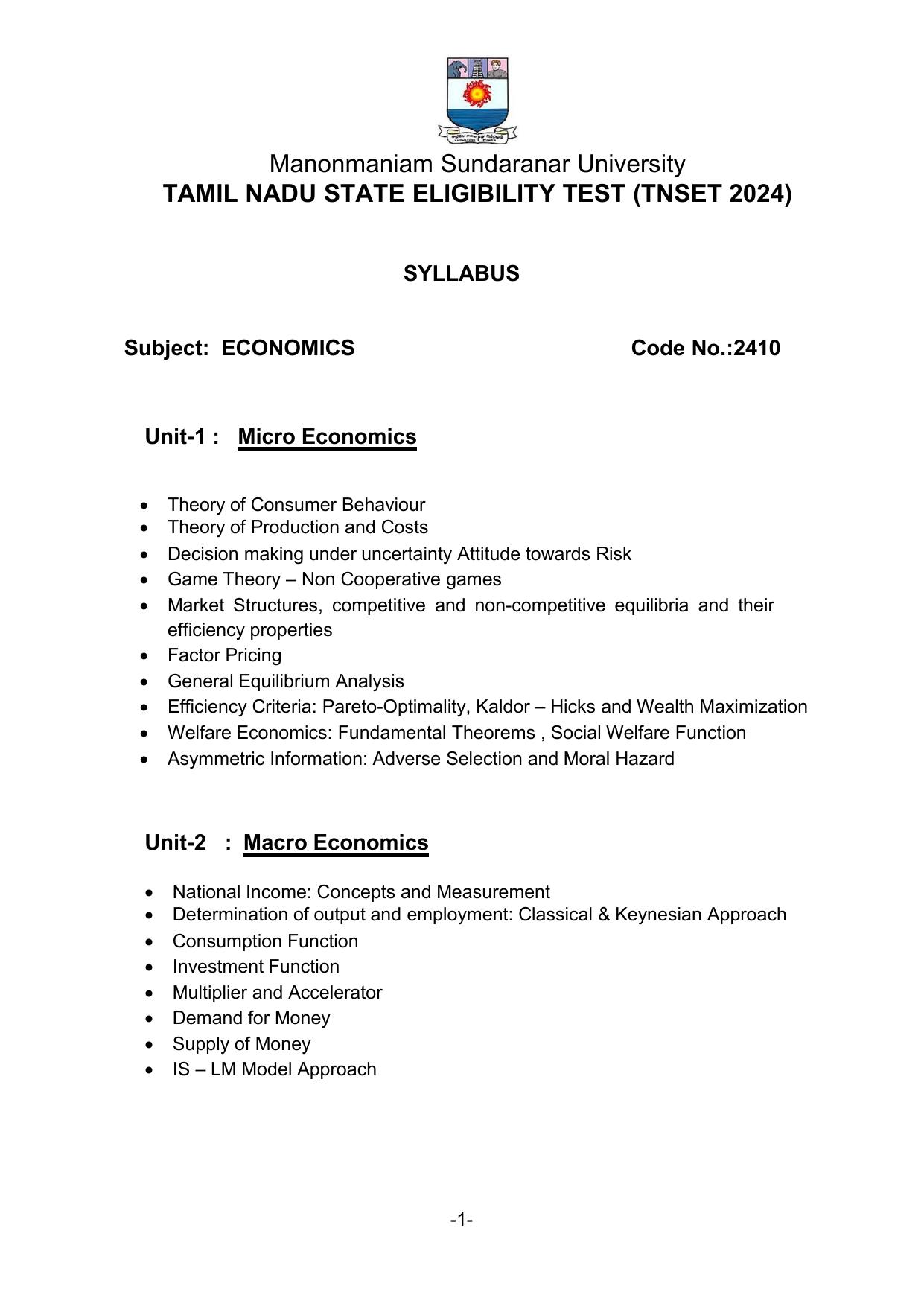 TNSET Syllabus - Economics - Page 1