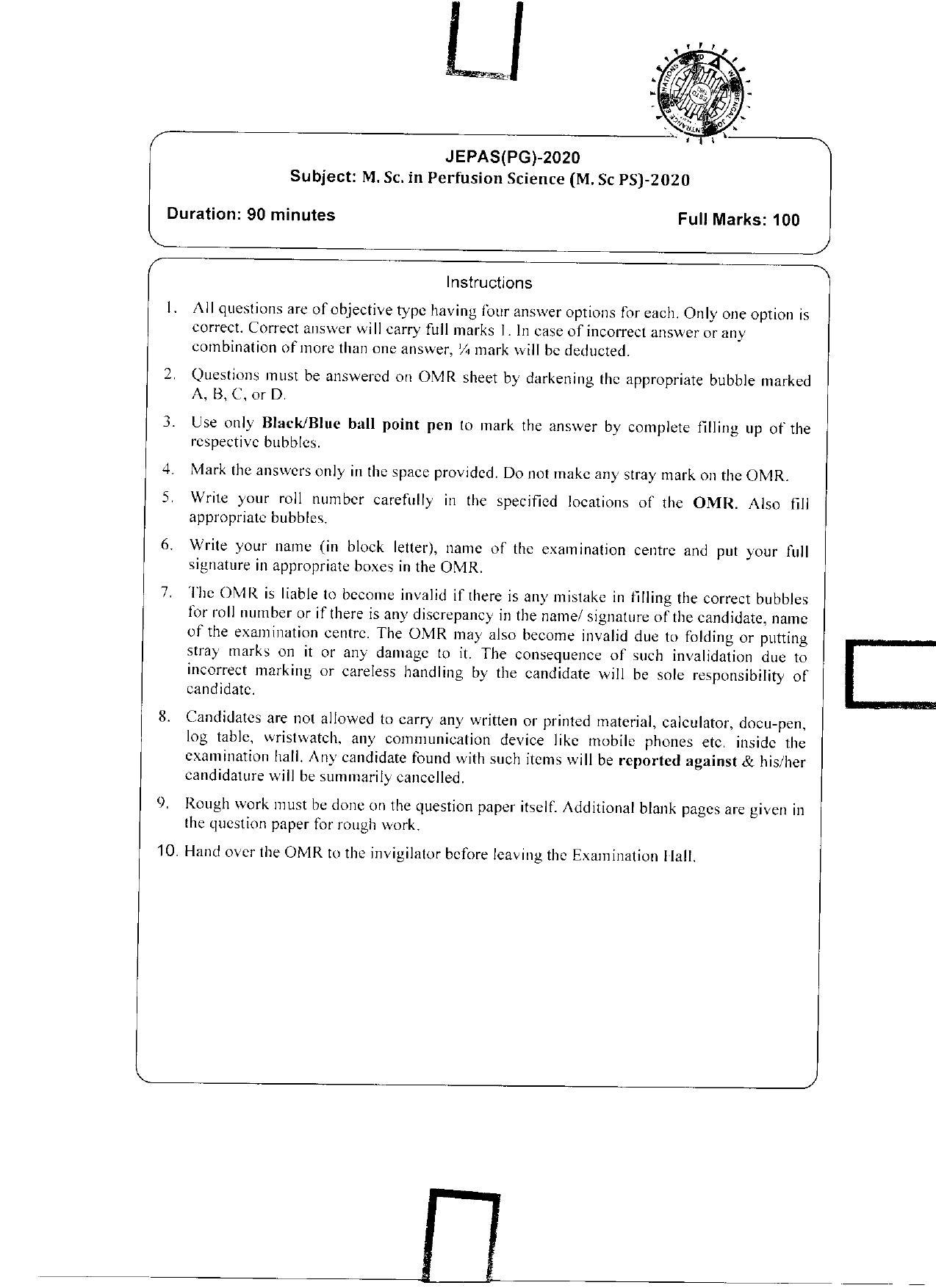 WBJEEB JEMAS (PG) 2020 MSc PS Question Paper - Page 1