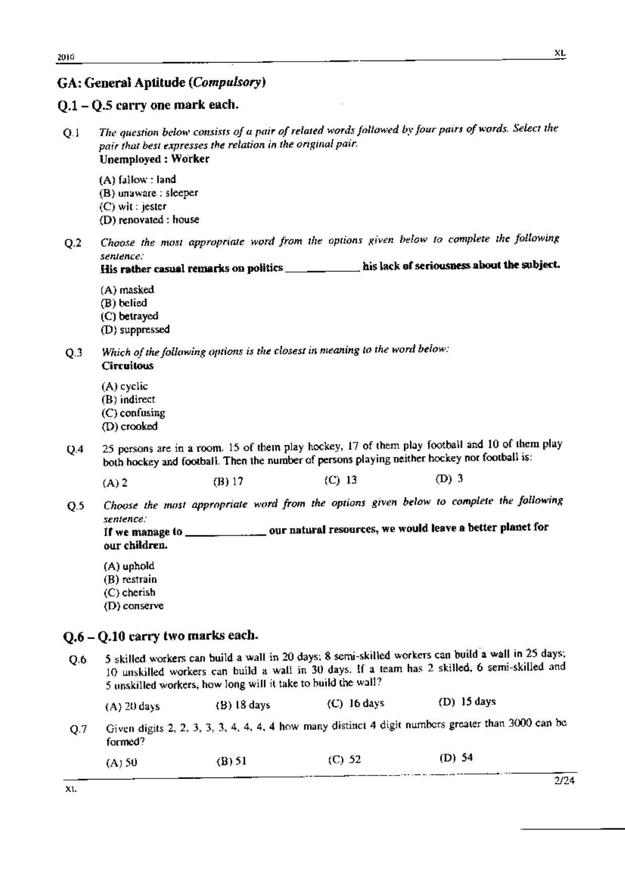 GATE 2010 Life Sciences (XL) Question Paper with Answer Key - Page 2