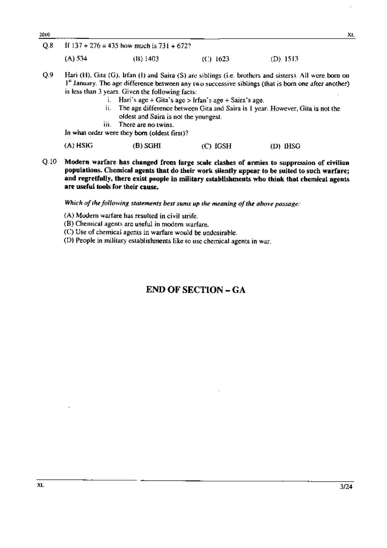GATE 2010 Life Sciences (XL) Question Paper with Answer Key - Page 3
