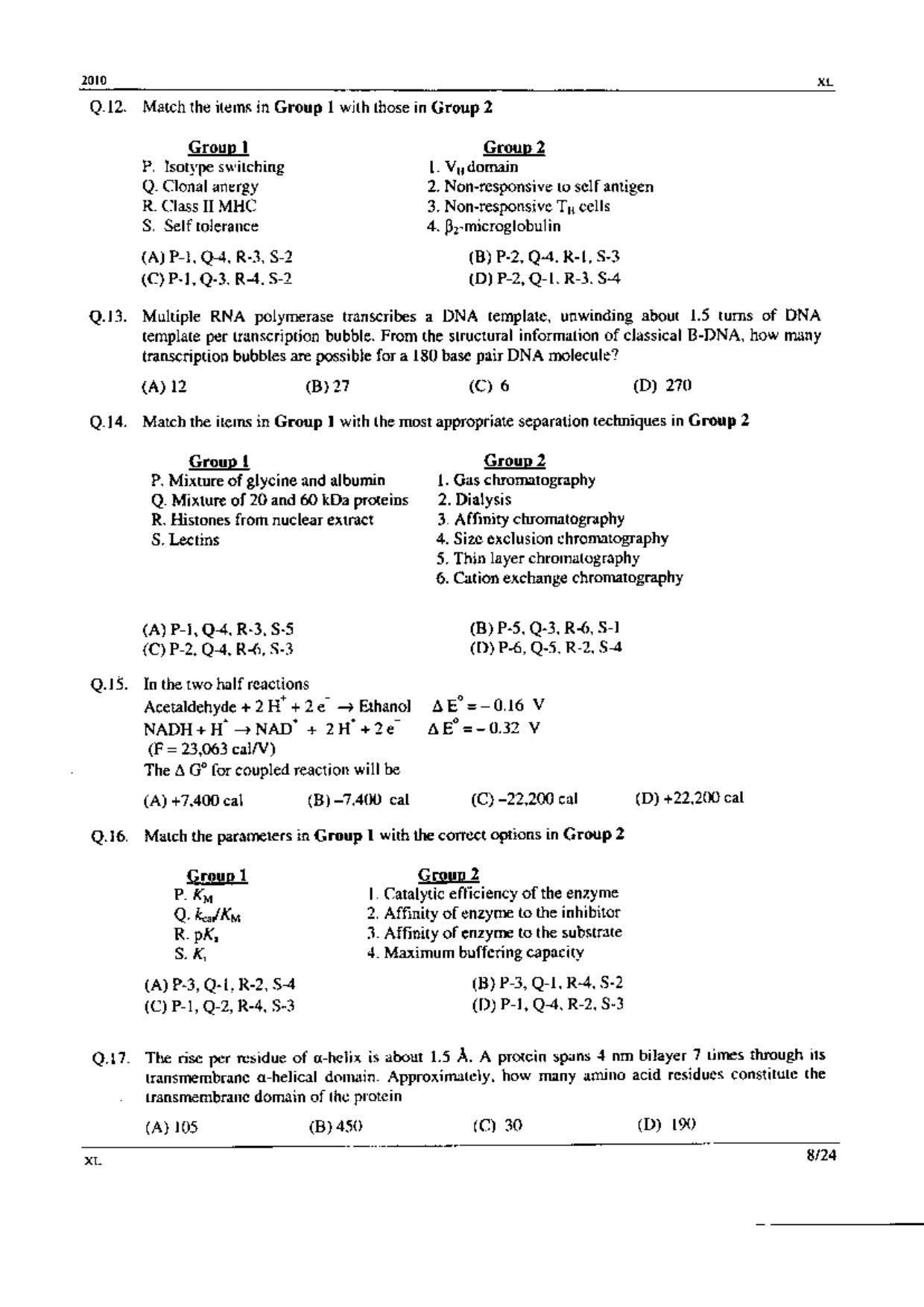GATE 2010 Life Sciences (XL) Question Paper with Answer Key - Page 8