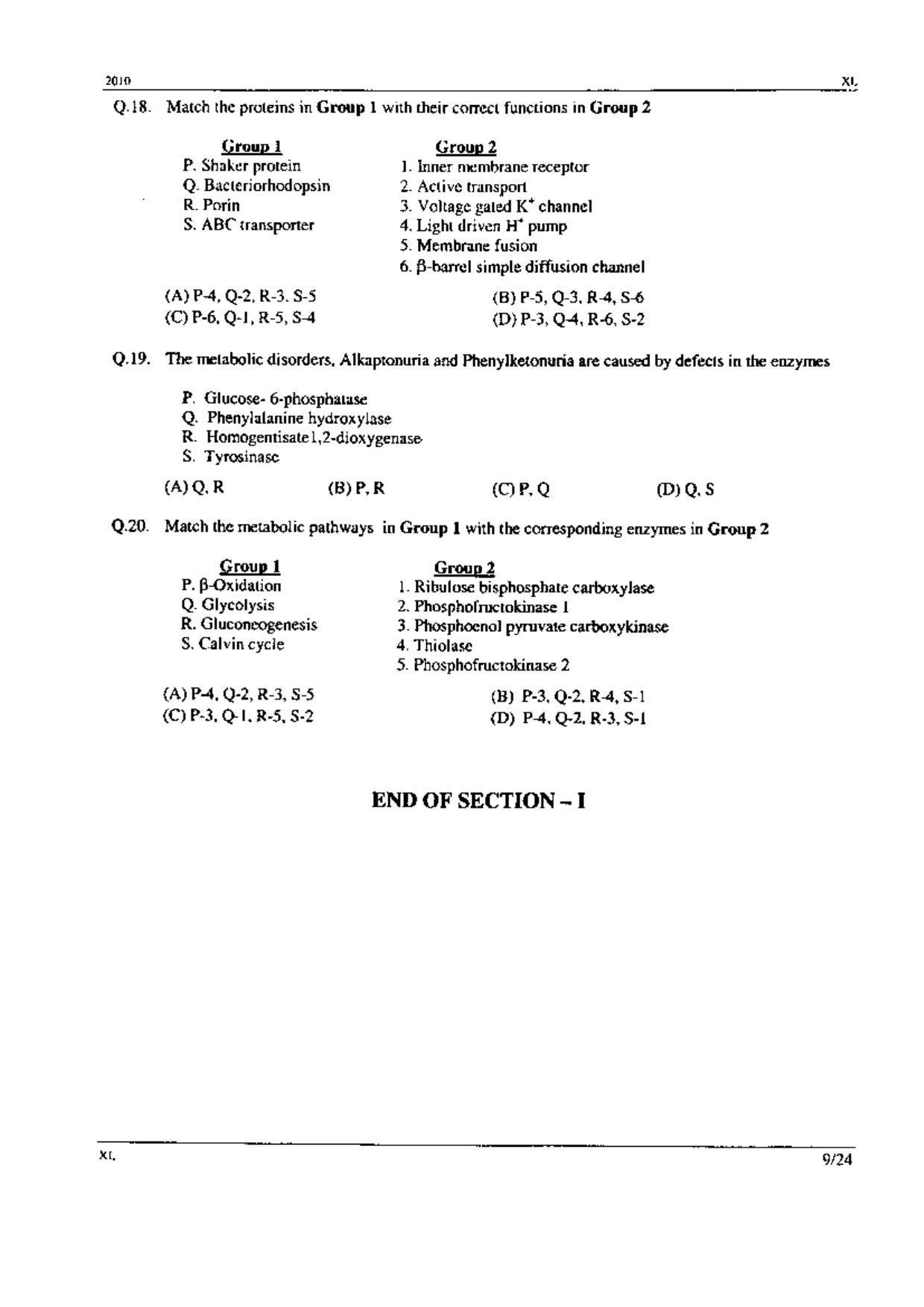 GATE 2010 Life Sciences (XL) Question Paper with Answer Key - Page 9