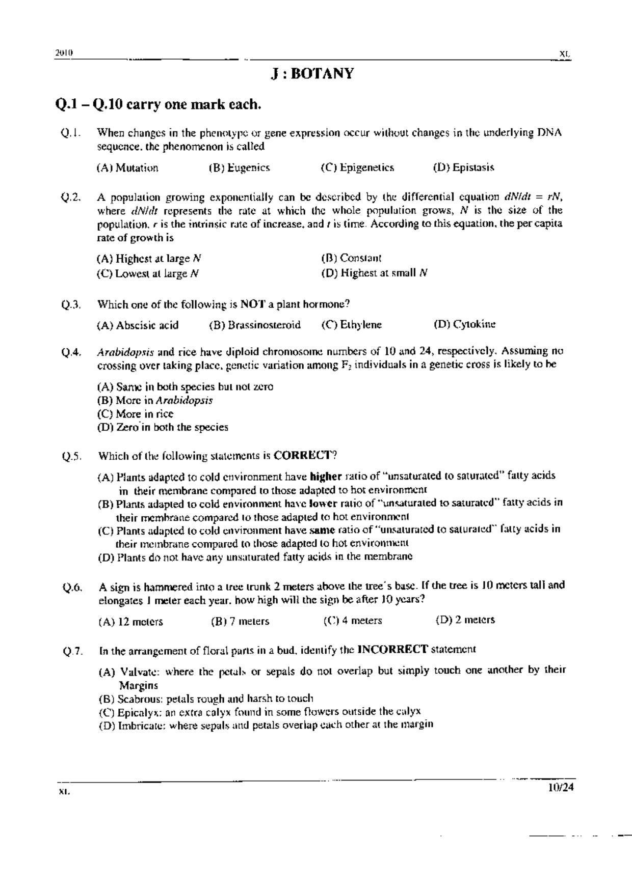 GATE 2010 Life Sciences (XL) Question Paper with Answer Key - Page 10