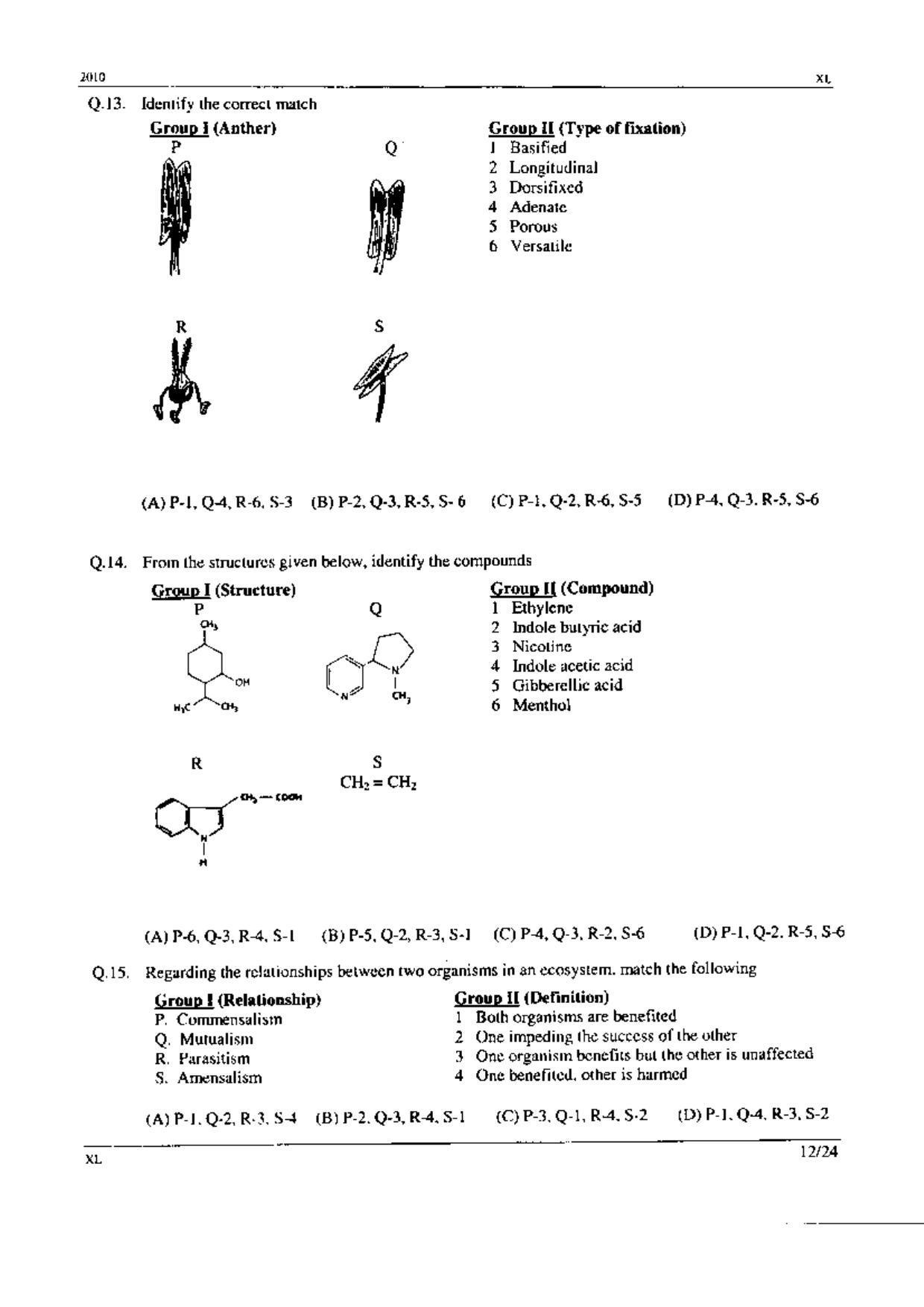 GATE 2010 Life Sciences (XL) Question Paper with Answer Key - Page 12