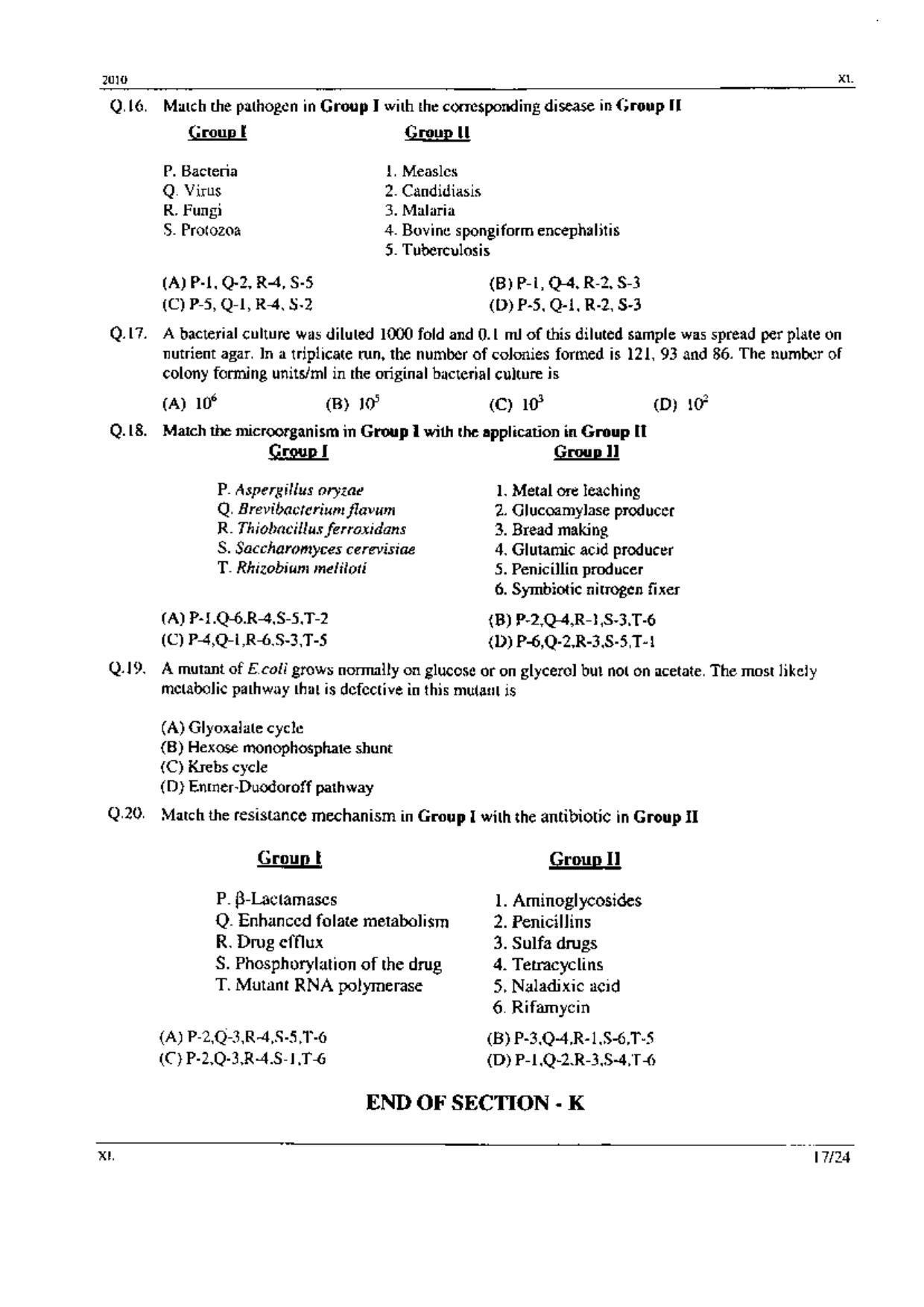 GATE 2010 Life Sciences (XL) Question Paper with Answer Key - Page 17
