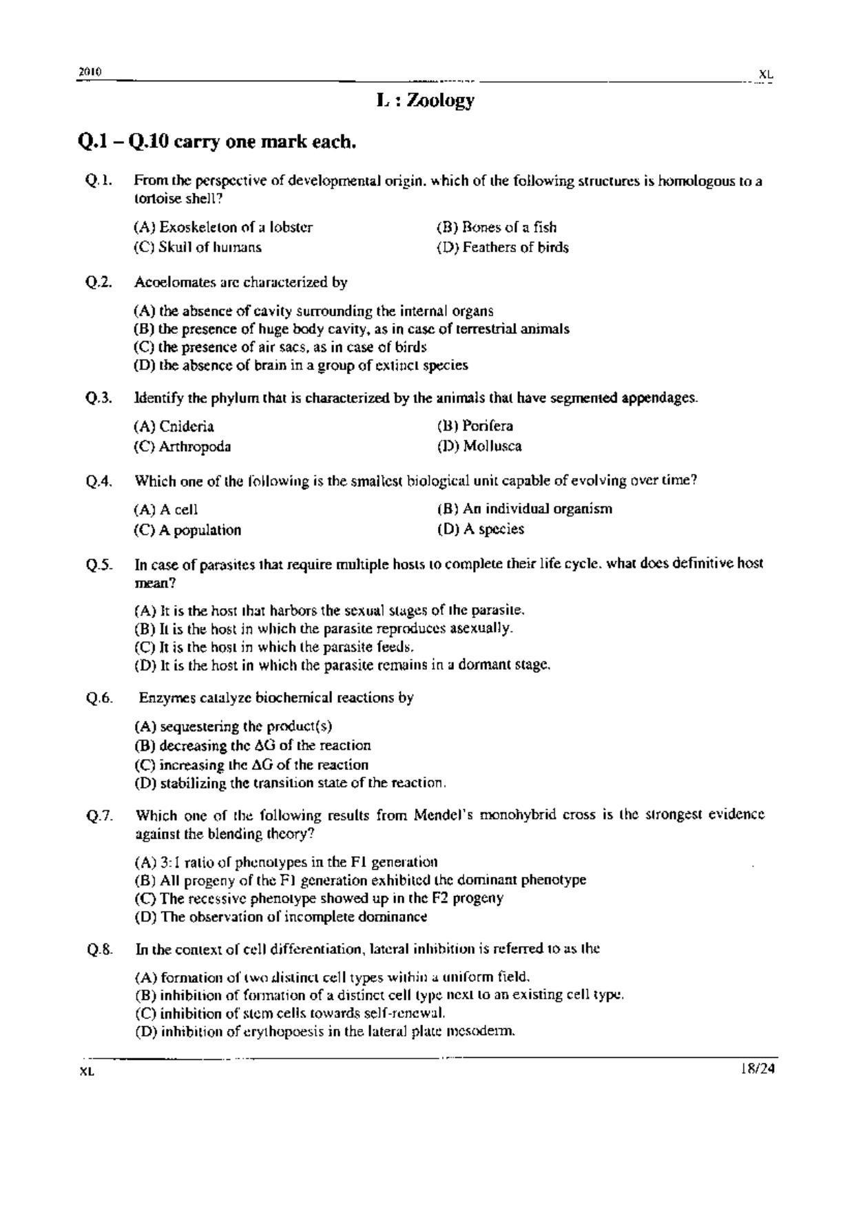 GATE 2010 Life Sciences (XL) Question Paper with Answer Key - Page 18