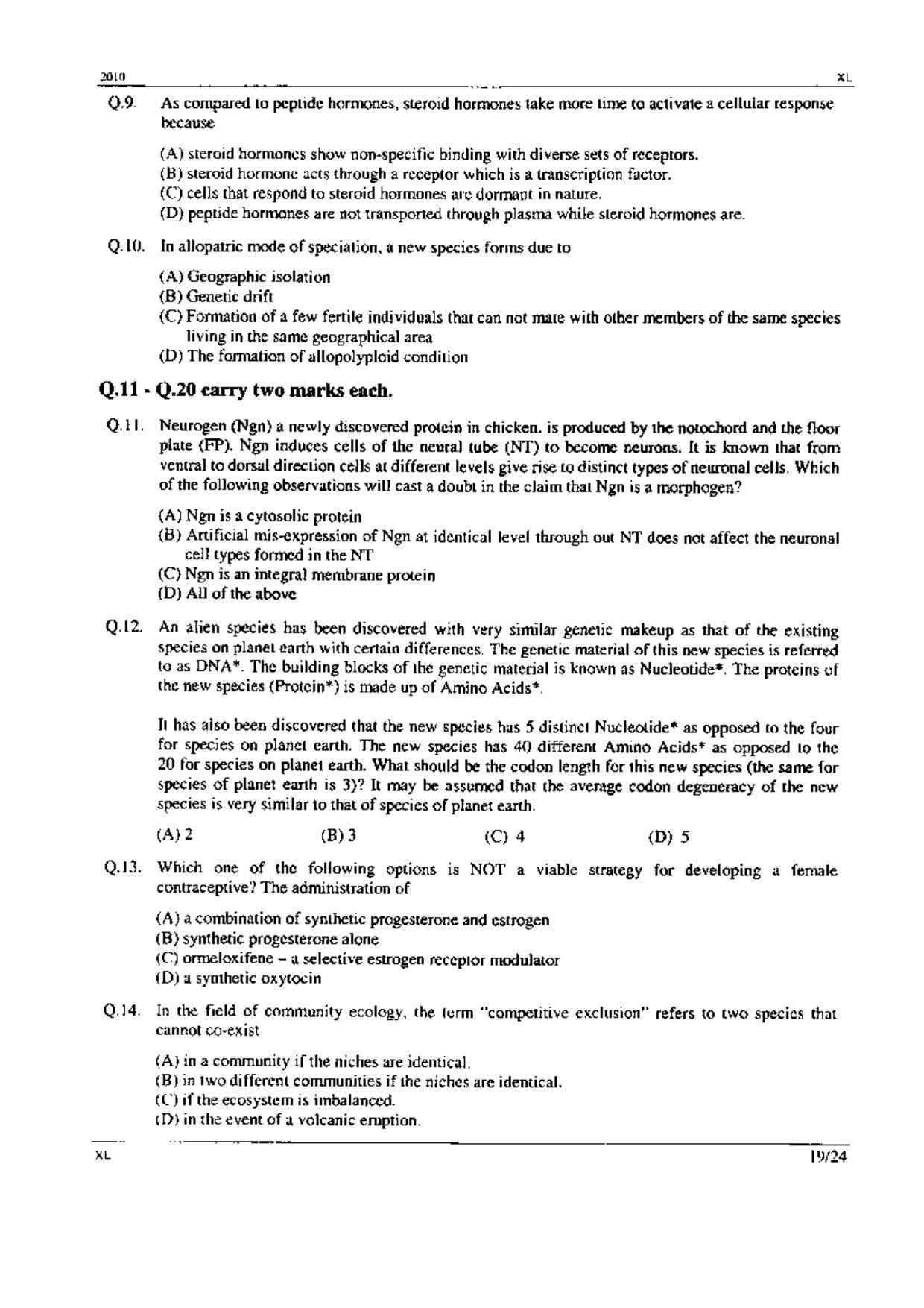 GATE 2010 Life Sciences (XL) Question Paper with Answer Key - Page 19