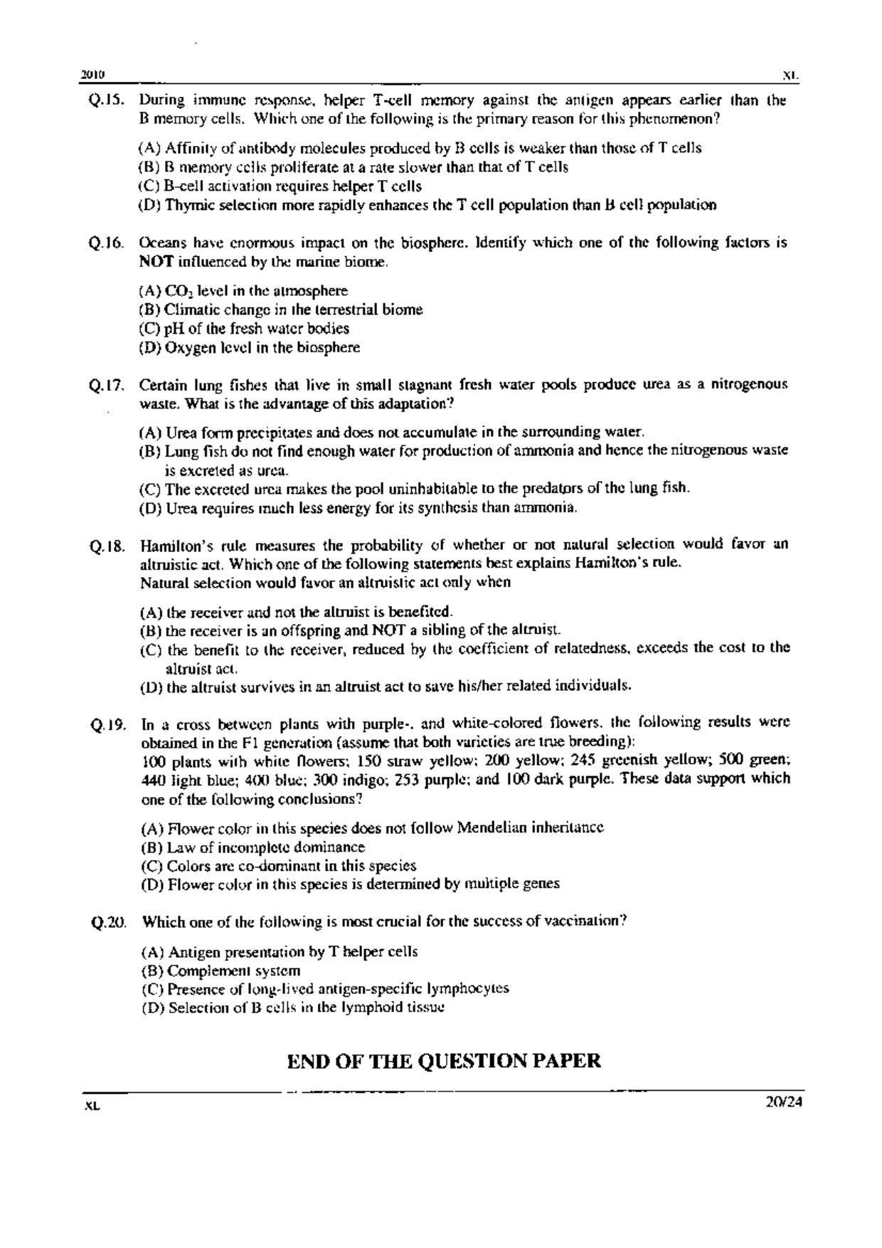 GATE 2010 Life Sciences (XL) Question Paper with Answer Key - Page 20