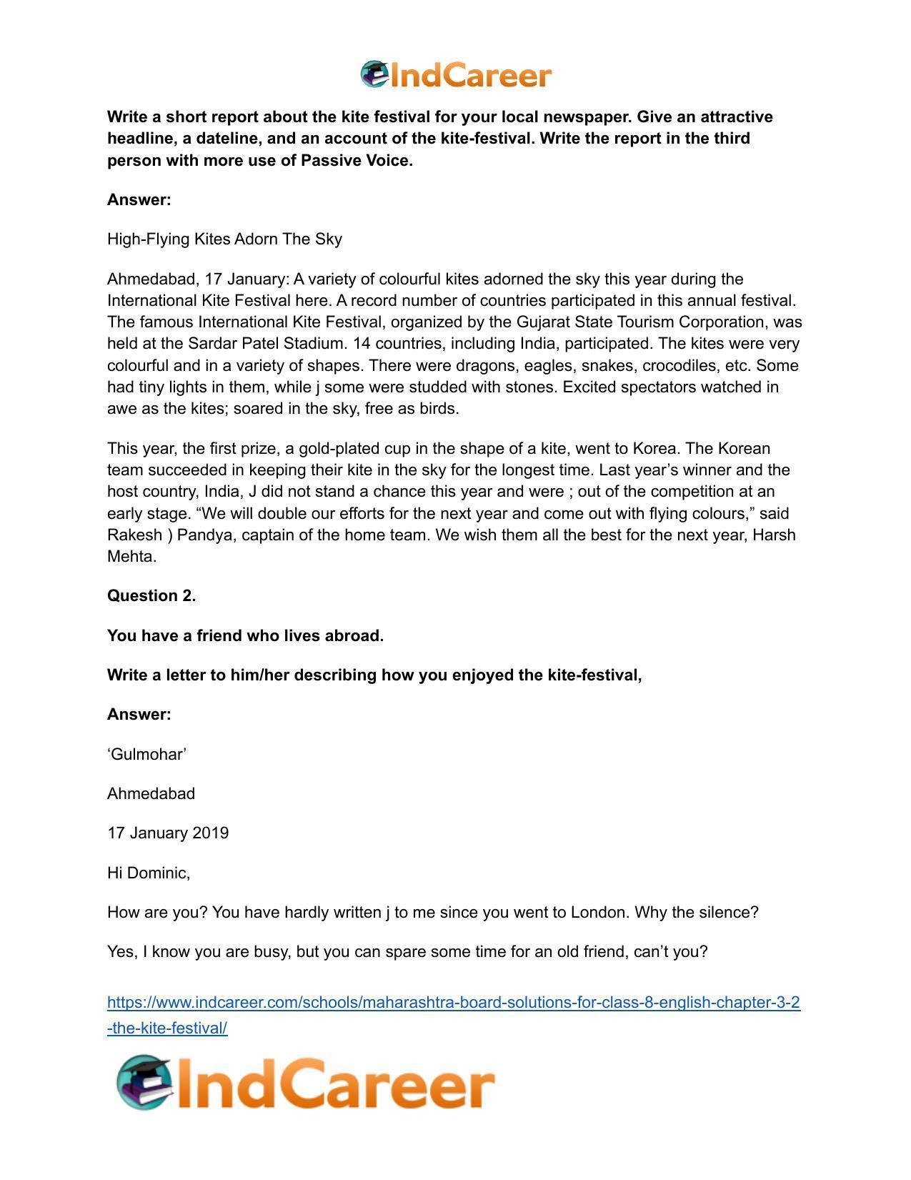 Maharashtra Board Solutions for Class 8- English: Chapter 3.2- The Kite Festival - Page 16