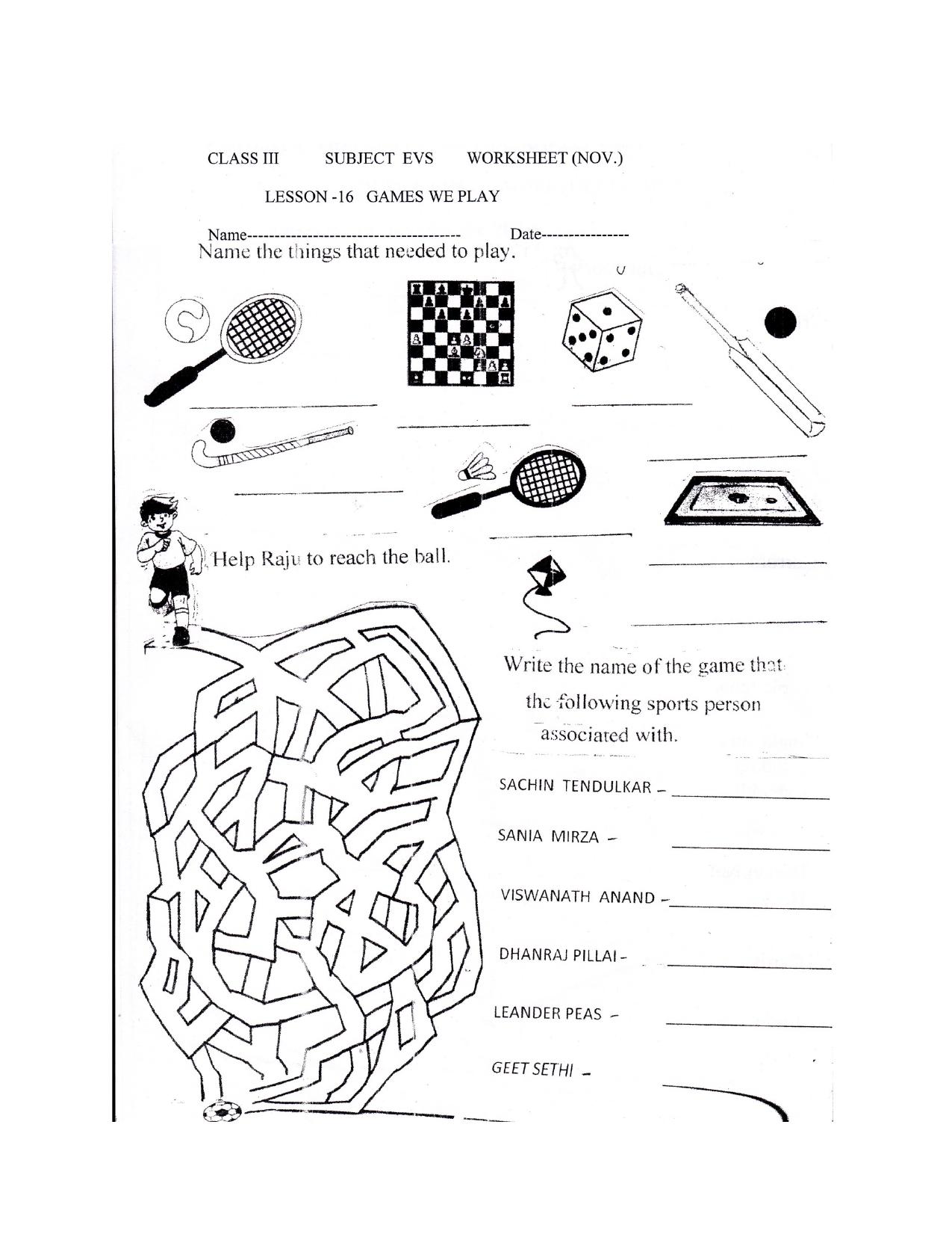Worksheet for Class 3 EVS Assignment 30 Games We Play - Page 1