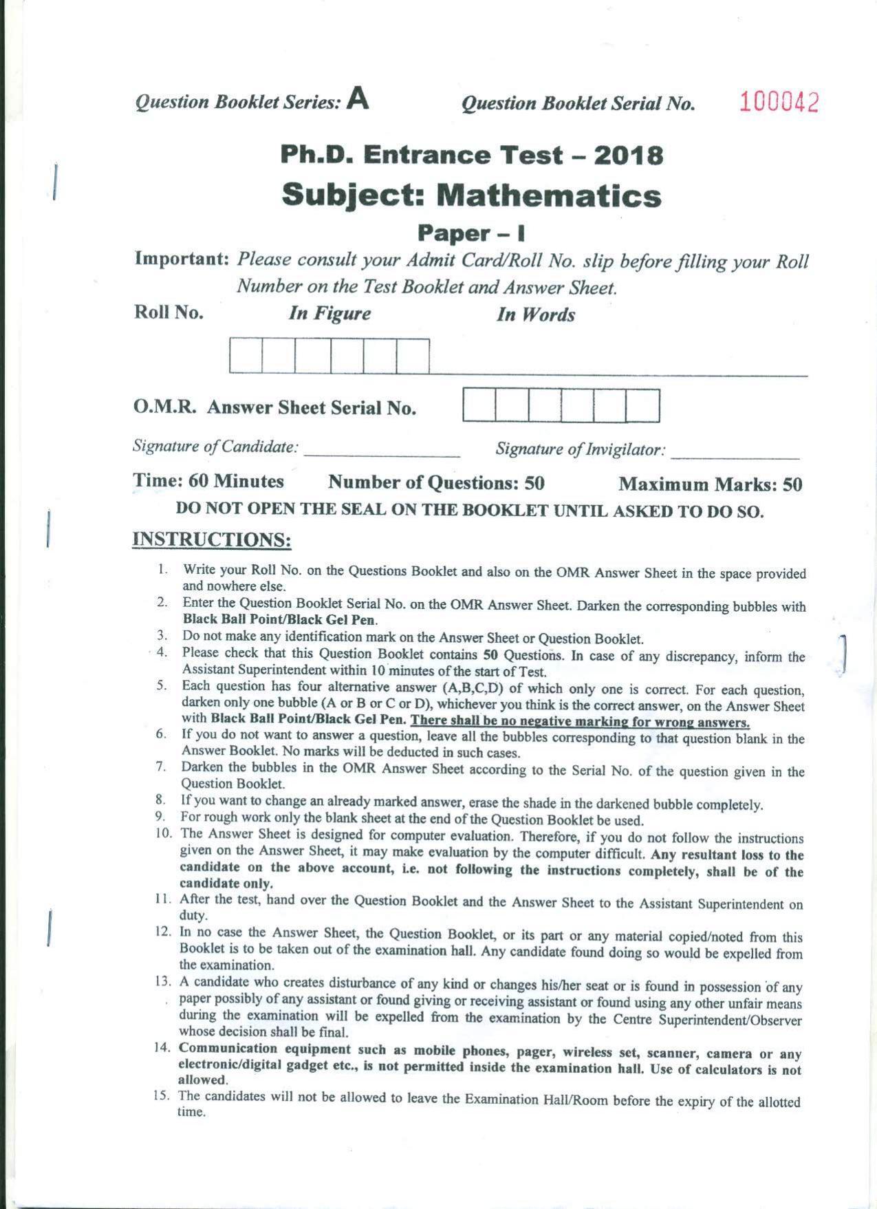 PU MPET Mathematics 2018 Question Papers - Page 1