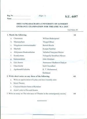 SSUS Entrance Exam M.A.ENTRANCE EXAMINATION FOR THEATRE 2015 Question Paper