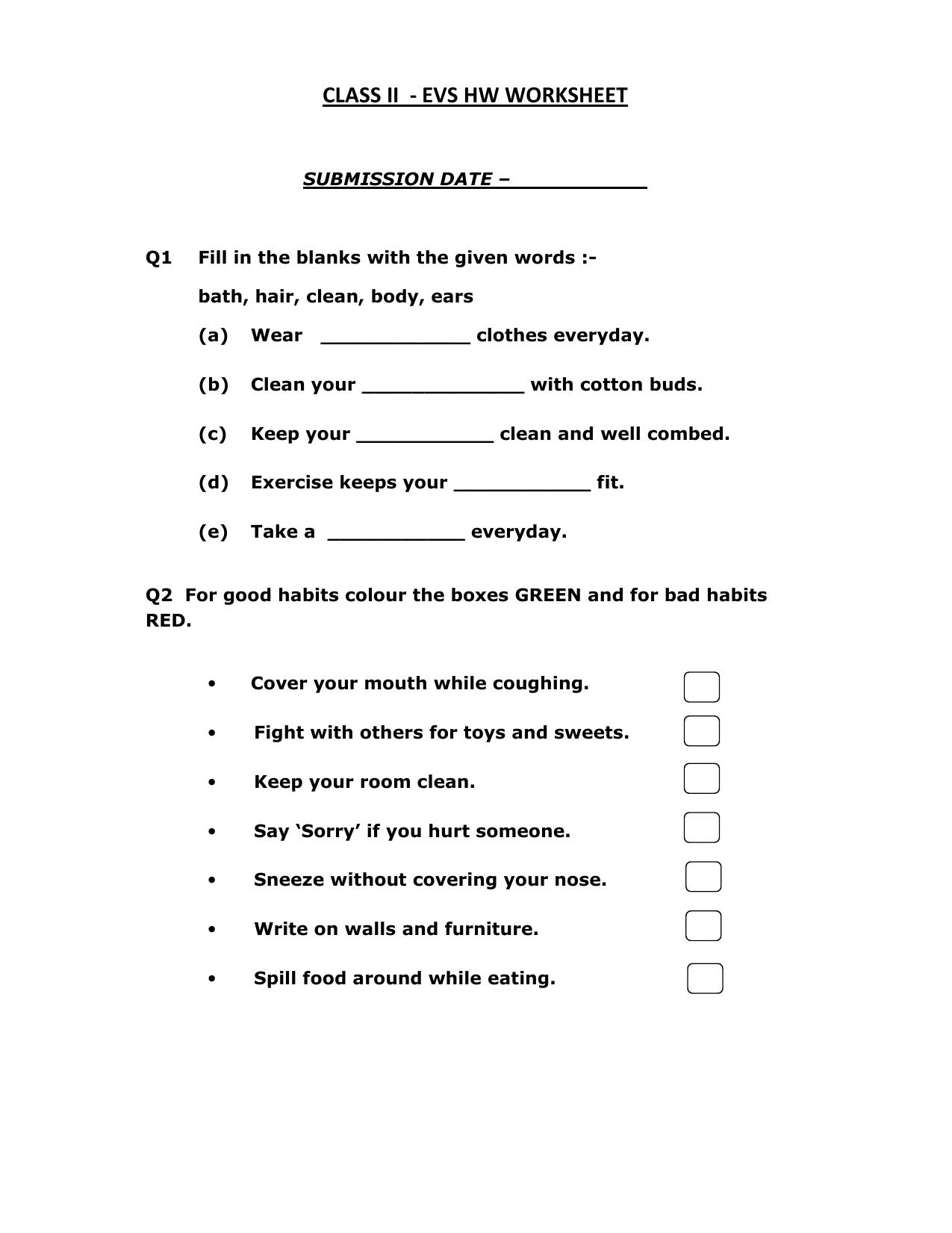 Worksheets for Class 2 EVS Assignment 27 Habits - Page 1