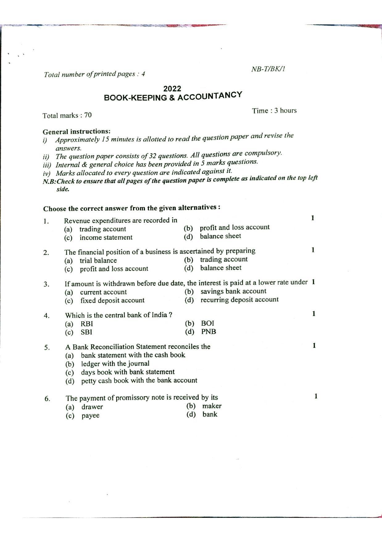 Nagaland Board Class 10 Accountancy 2022 Question Paper - Page 1