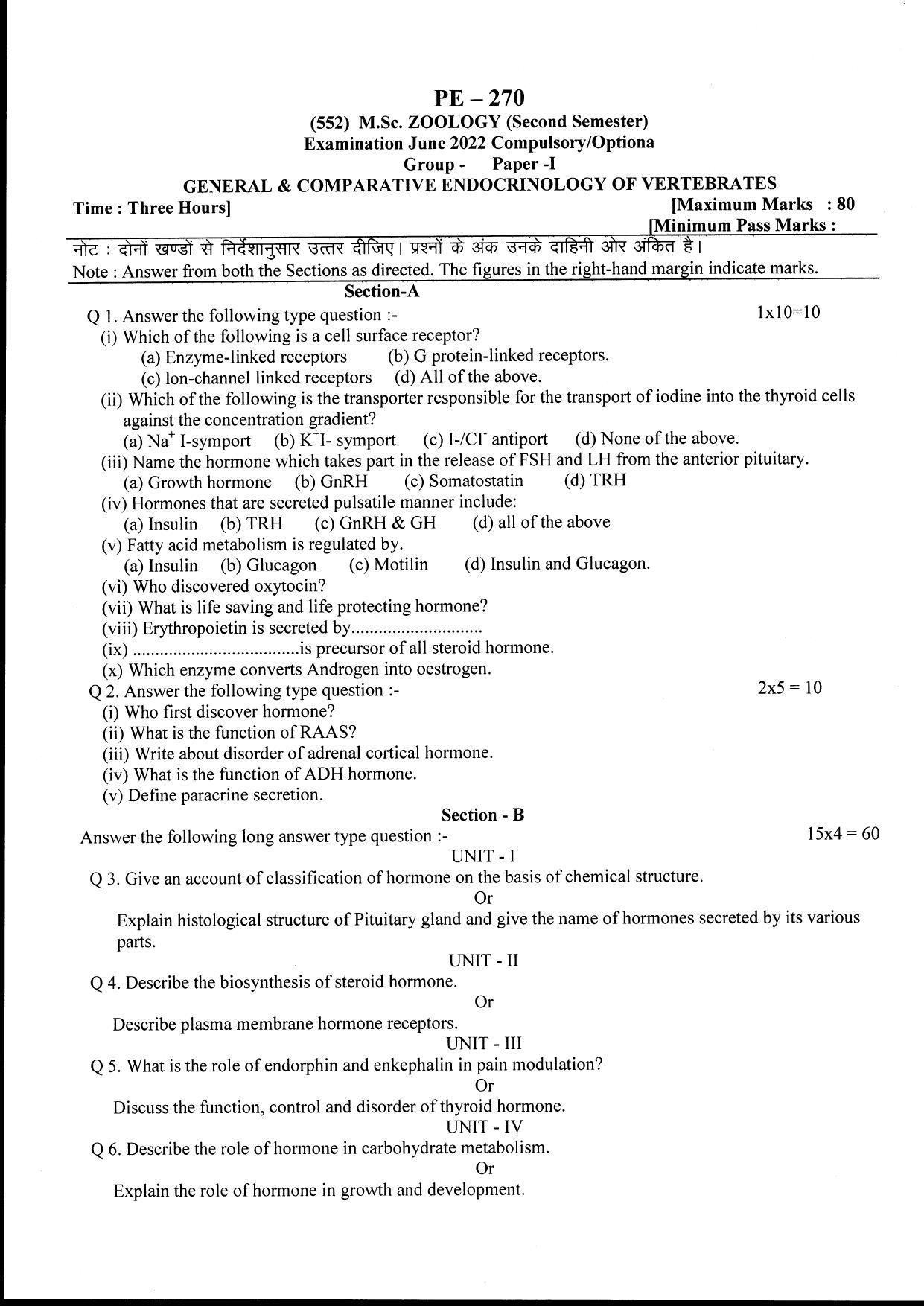 Bilaspur University Question Paper June 2022:M.Sc. Zoology (Second Semester) General & comparative Endocrinology Of Vertebrates Paper 1 - Page 1