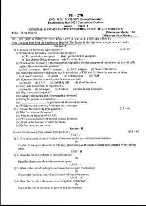 Bilaspur University Question Paper June 2022:M.Sc. Zoology (Second Semester) General & comparative Endocrinology Of Vertebrates Paper 1