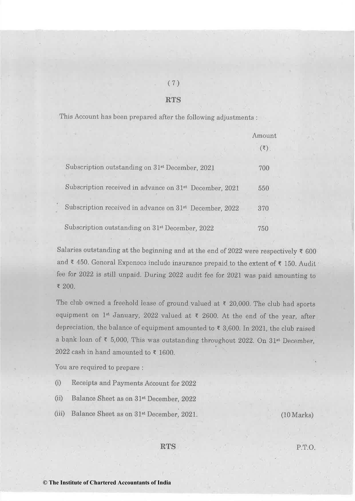 CA Foundation December 2022 Question Paper - Paper 1 (Principles and Practice of Accounting) - Page 7