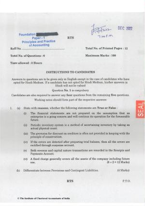 CA Foundation December 2022 Question Paper - Paper 1 (Principles and Practice of Accounting)