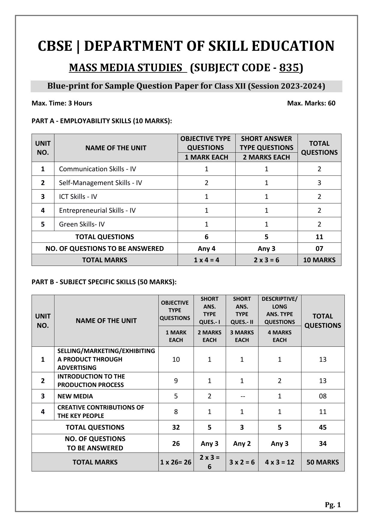 CBSE Class 12 (Skill Education) Mass Media Studies 2024 Sample Paper - Page 1