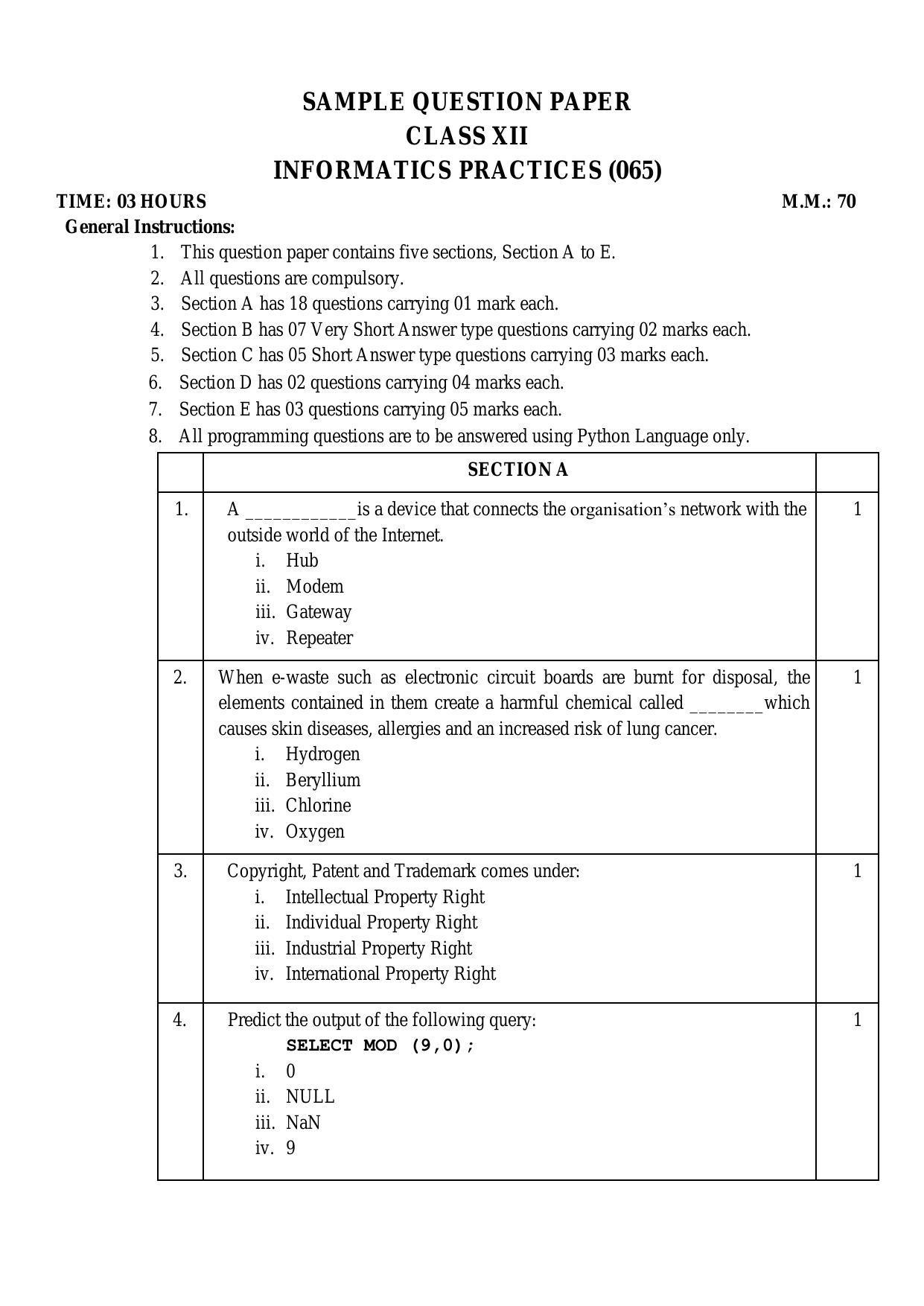 CBSE Class 12 Informatics Practices Sample Paper 2024 - Page 1