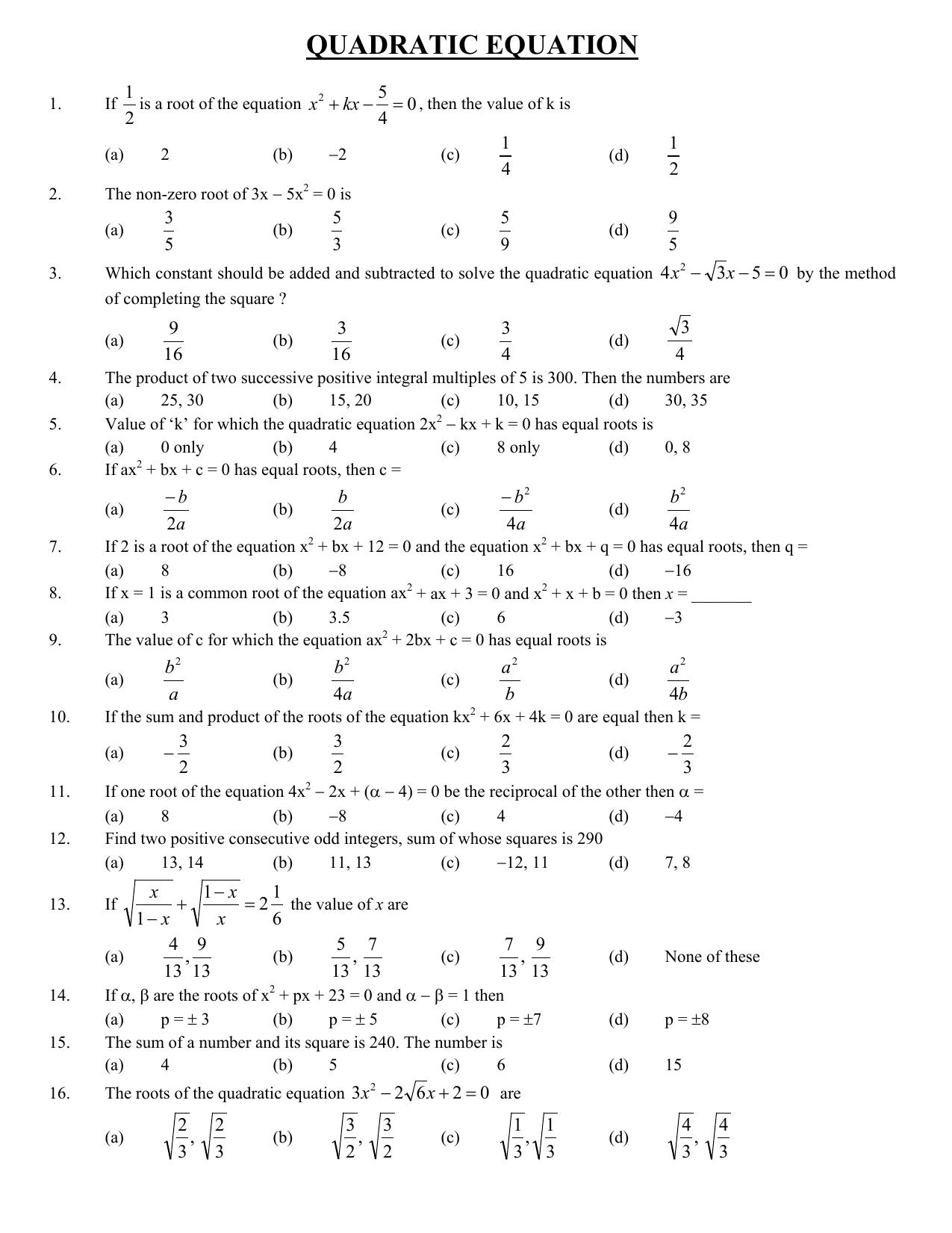 CBSE Worksheets for Class 10 Maths Quadratic Equation Assignment 3 - Page 1