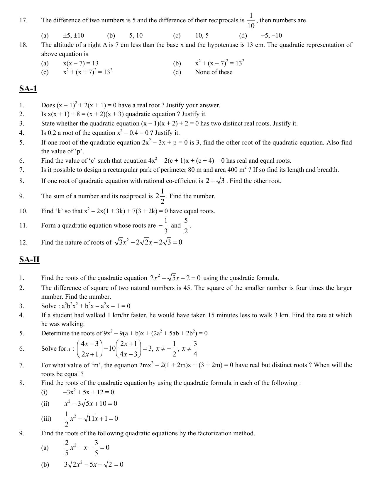 CBSE Worksheets for Class 10 Maths Quadratic Equation Assignment 3 - Page 2