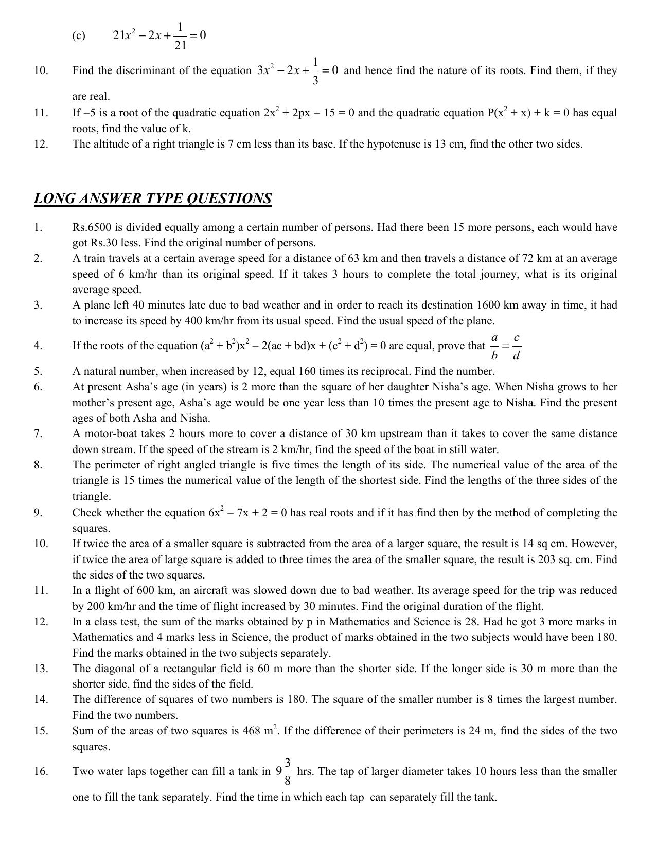 CBSE Worksheets for Class 10 Maths Quadratic Equation Assignment 3 - Page 3