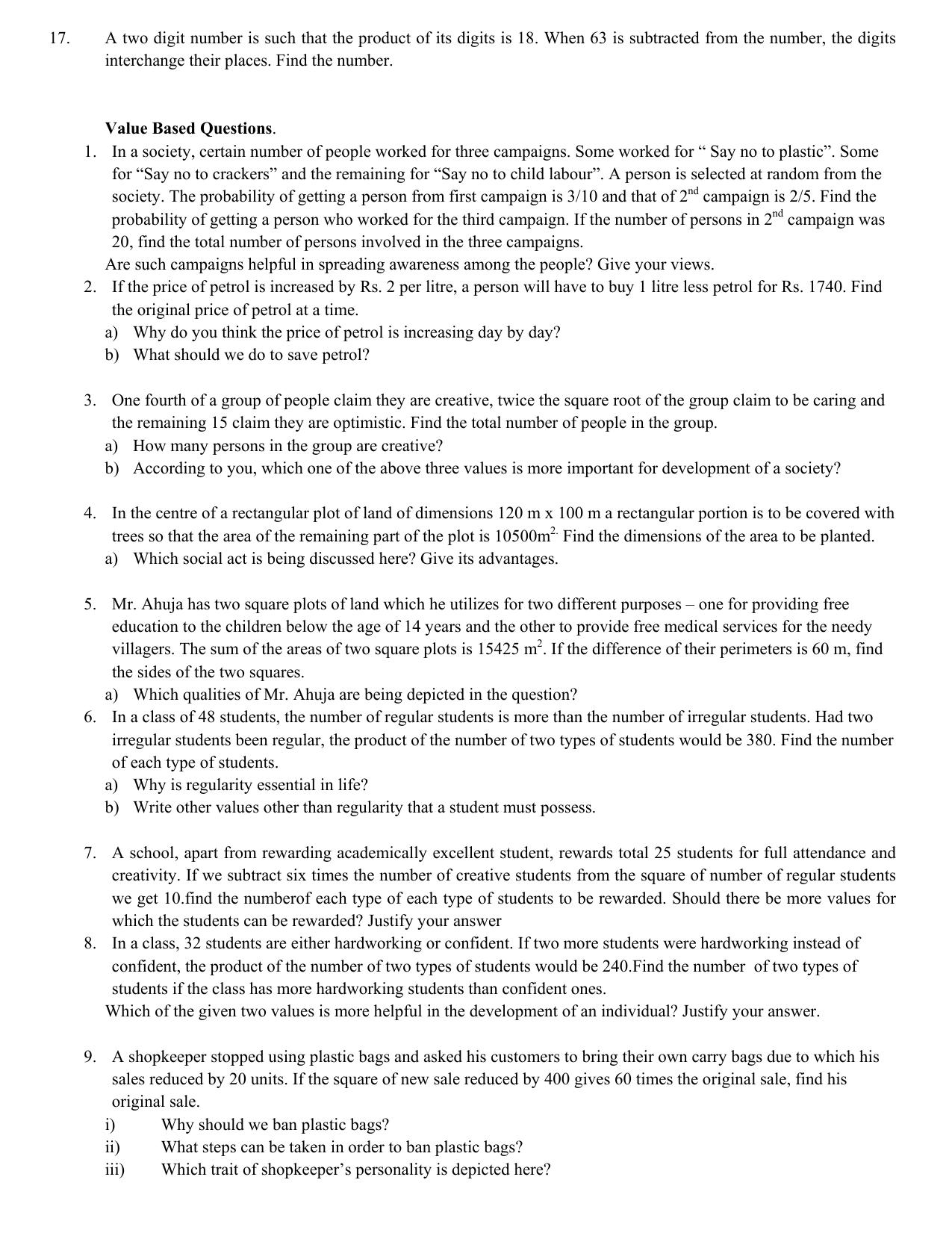CBSE Worksheets for Class 10 Maths Quadratic Equation Assignment 3 - Page 4