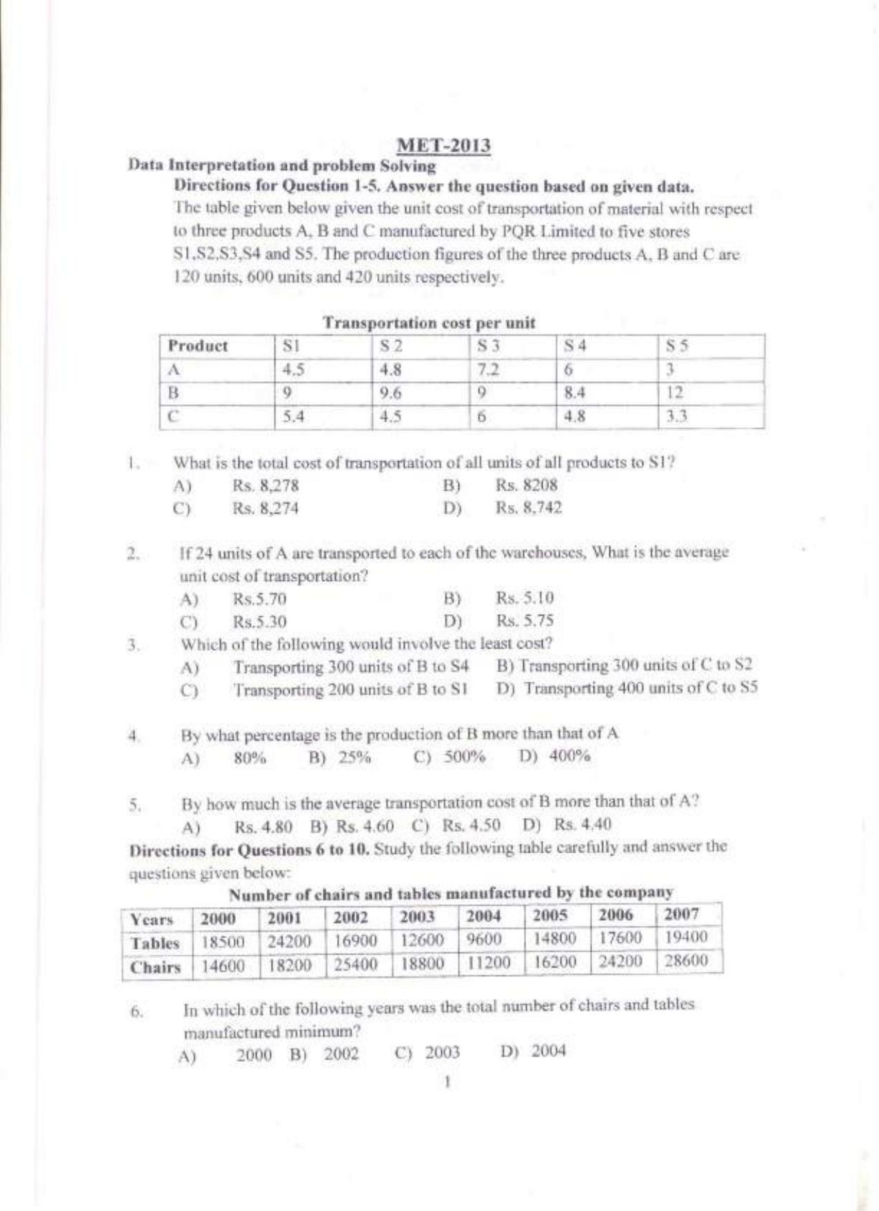 PU MET 2013 Question Booklet with Key - Page 1