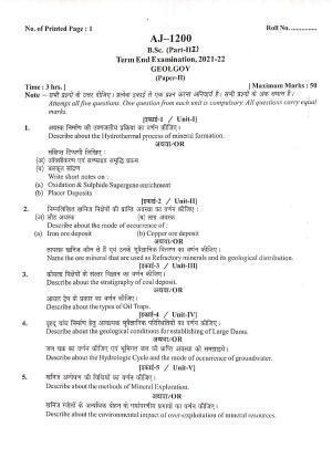 Bilaspur University Question Paper 2021-2022:B. Sc. Part-III (Three)  Geology Paper 2