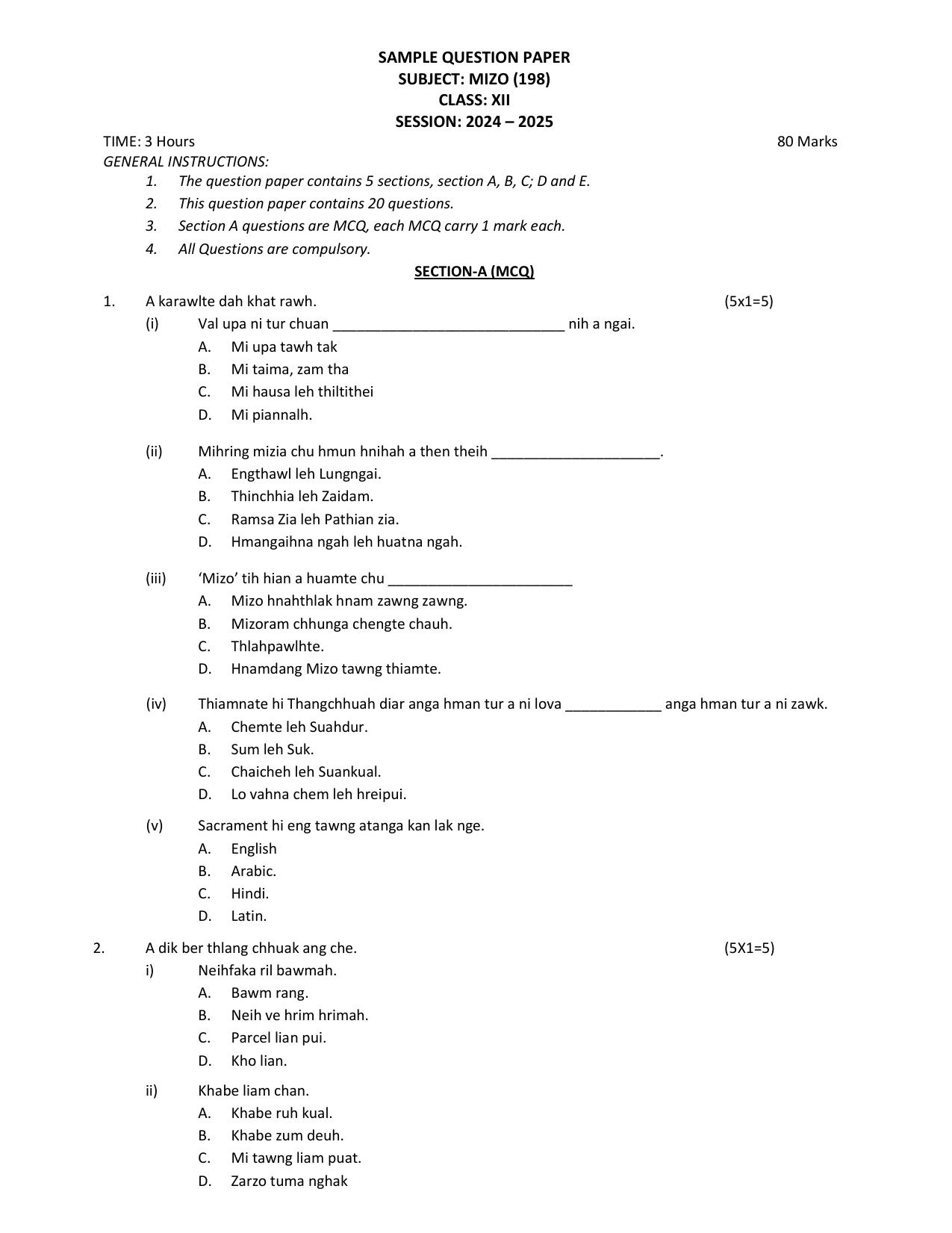 CBSE Class 12 Mizo Sample Question Paper 2024-25 - Page 1