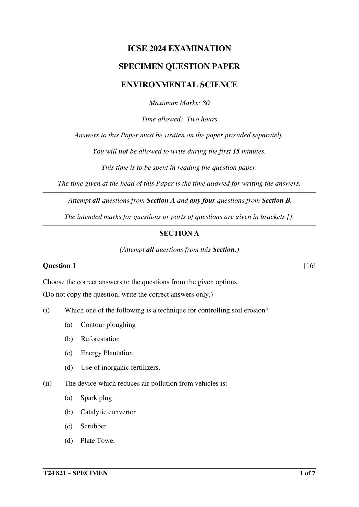 ICSE Class 10  2024 Environmental Science Sample Paper - Page 1