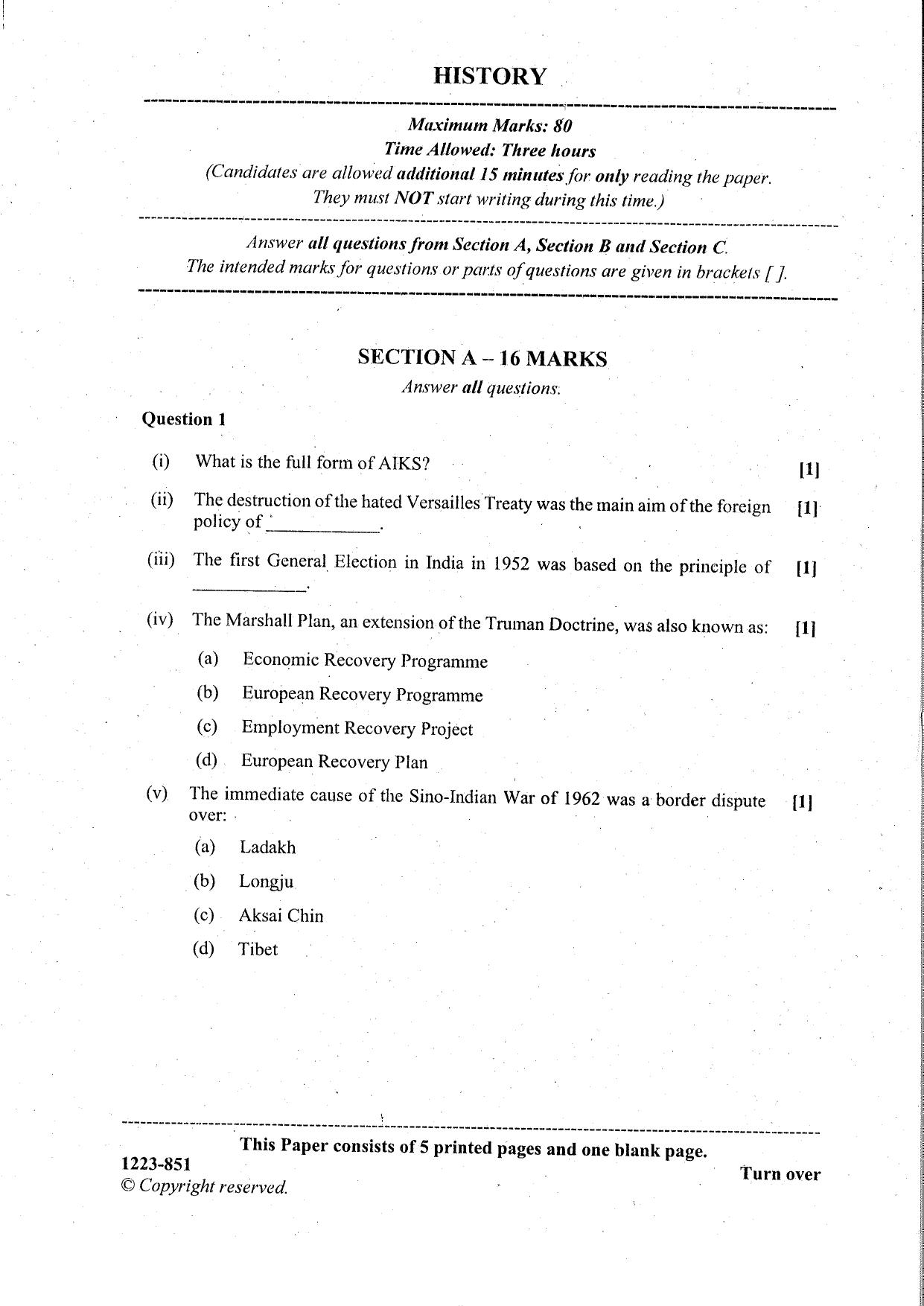 ISC Class 12 History 2023 Question Paper - Page 1