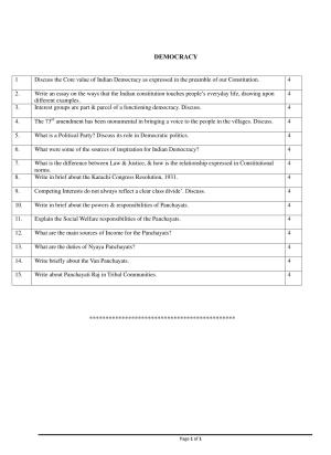 CBSE Class 12 Sociology Democracy Worksheets