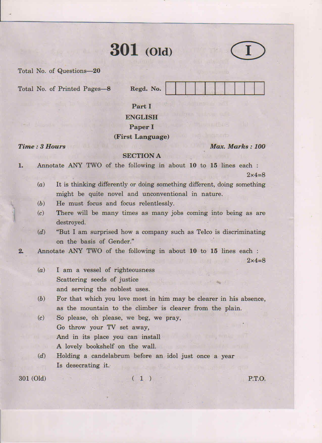 AP Inter 1st Year English-I (Old) March-2019-General Question Paper - Page 1