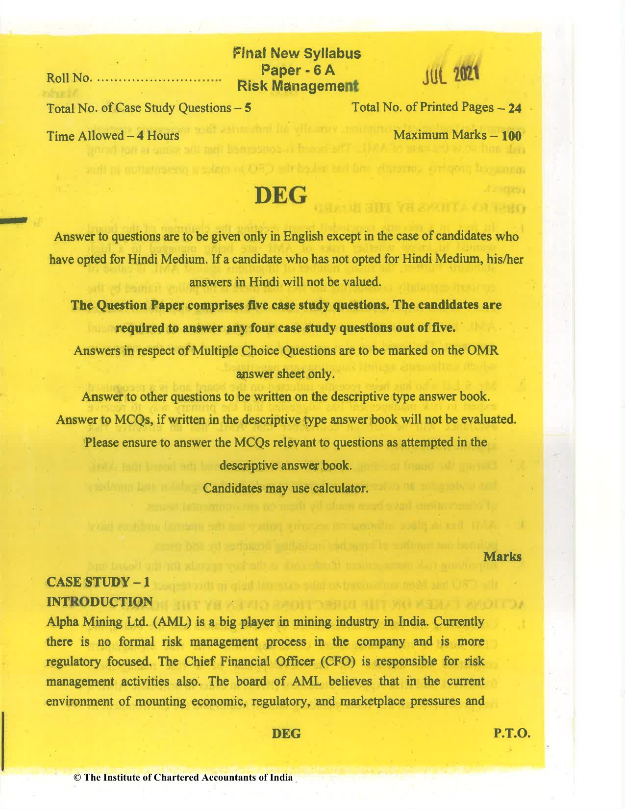 CA Final Jul 2021 Question Paper - Paper 6A – Risk Management - Page 1