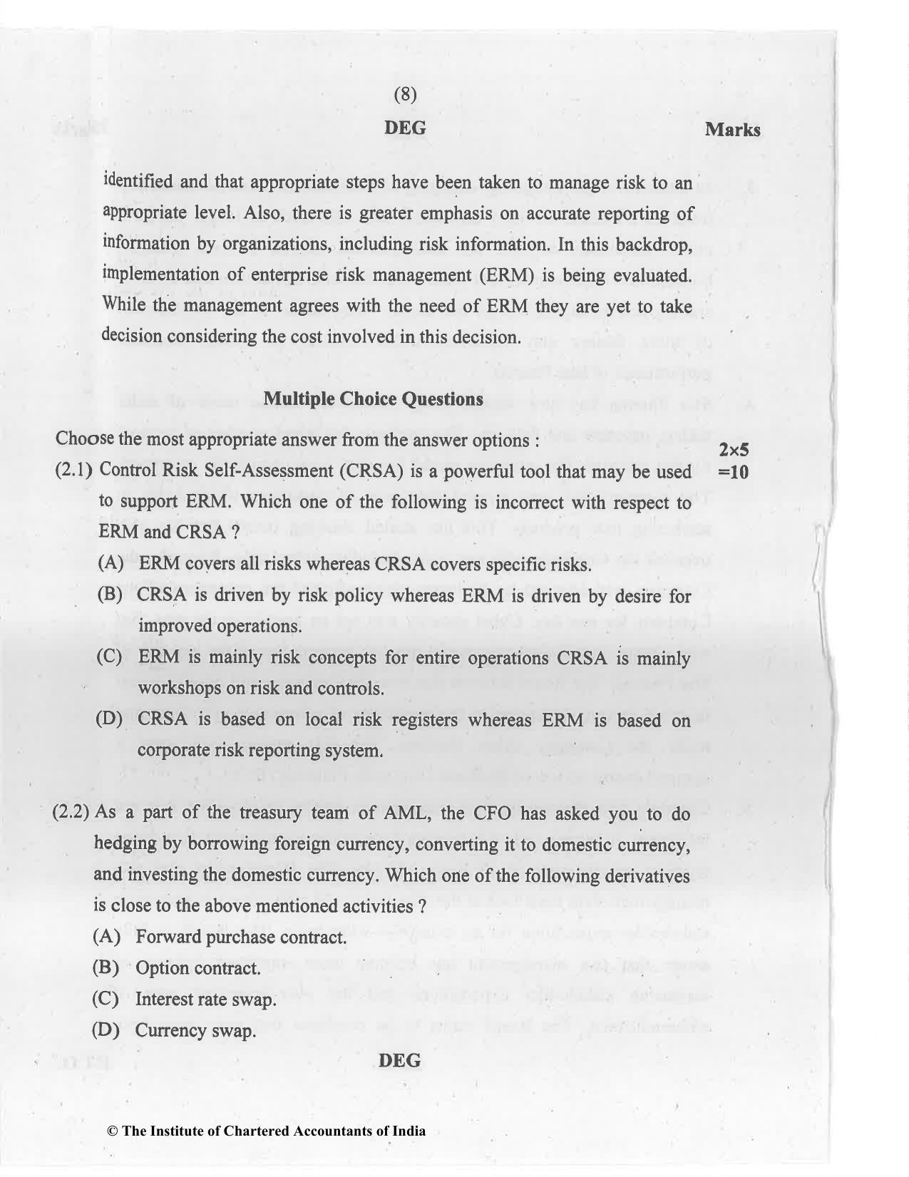 CA Final Jul 2021 Question Paper - Paper 6A – Risk Management - Page 8
