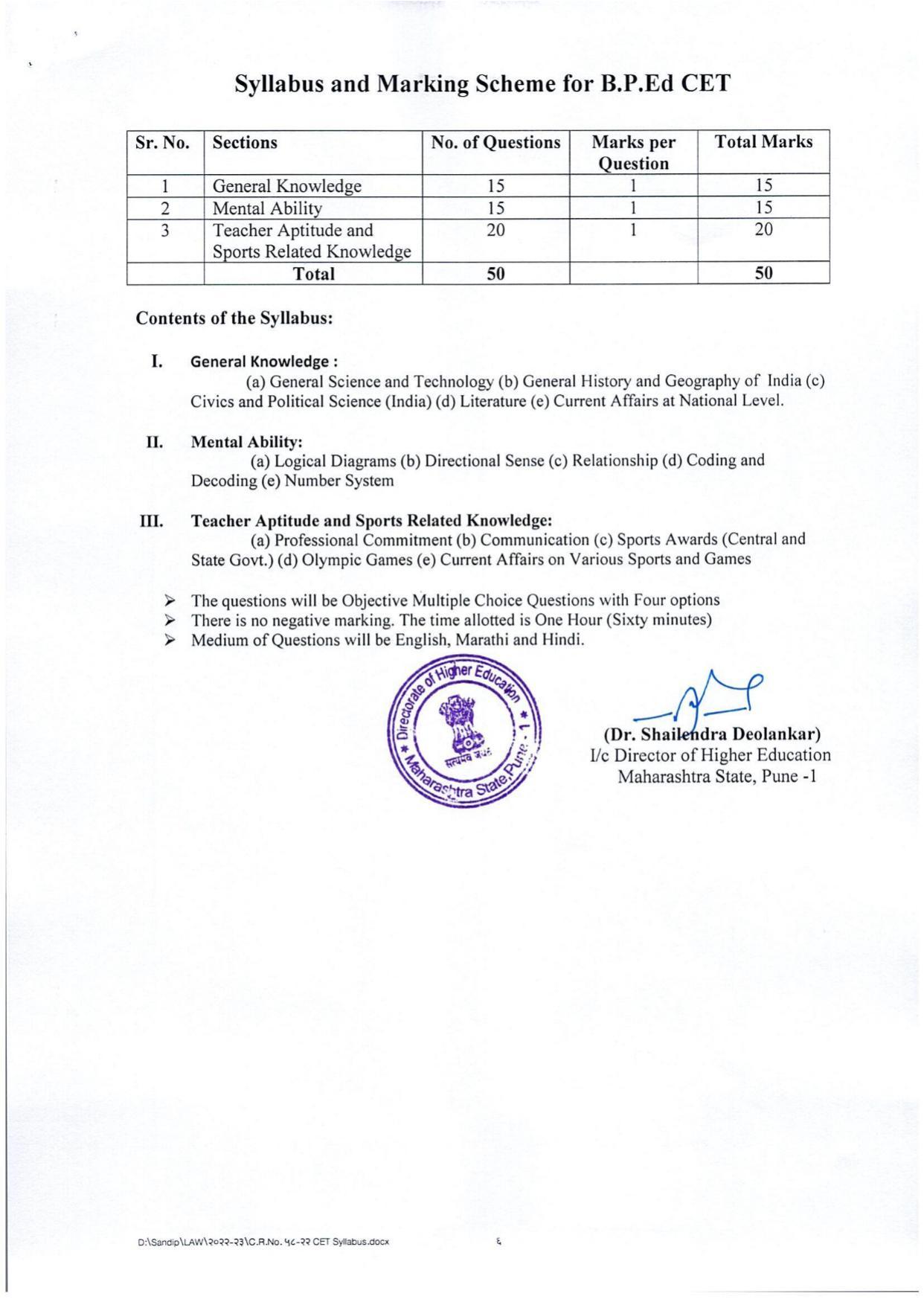 MAH B.P.Ed CET Syllabus - Page 1